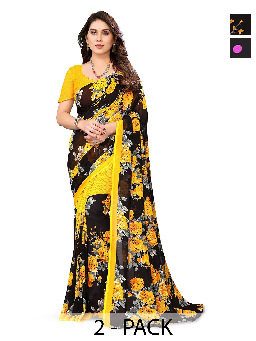 

ANAND SAREES Selection Of 2 Floral Printed Saree, Black
