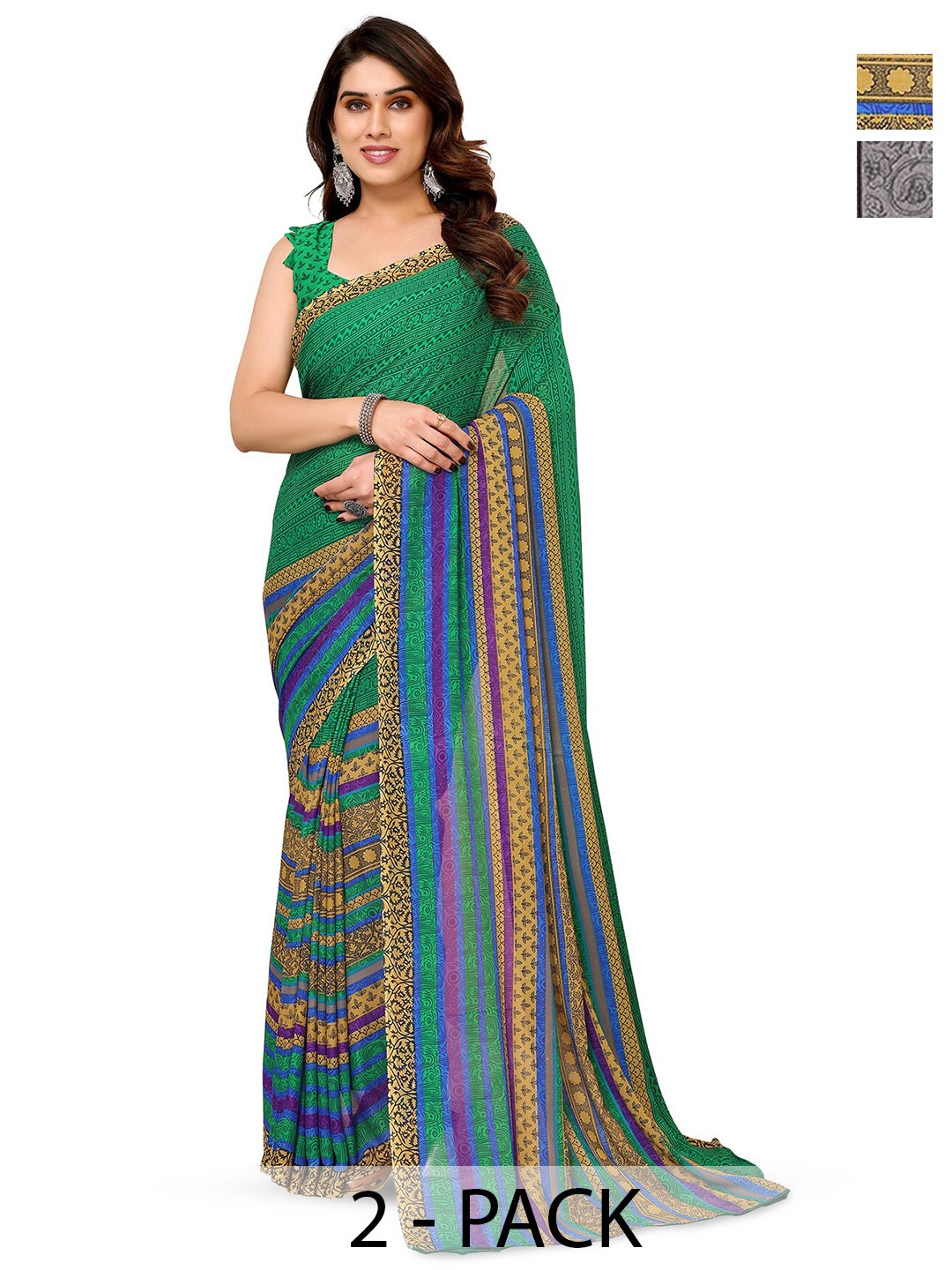 

ANAND SAREES Selection Of 2 Floral Printed Sarees, Black
