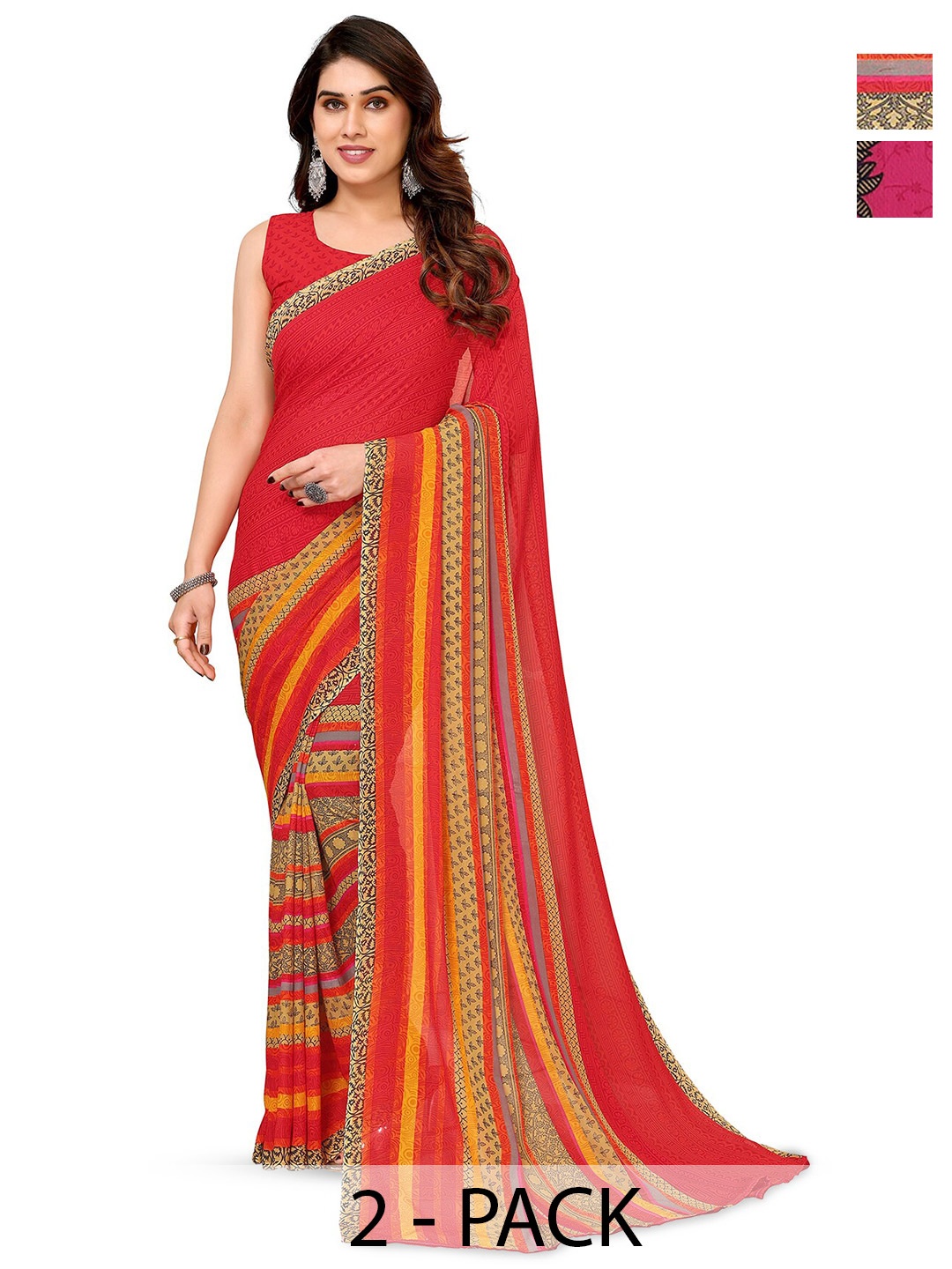 

ANAND SAREES Selection Of 2 Floral Printed Sarees, Red