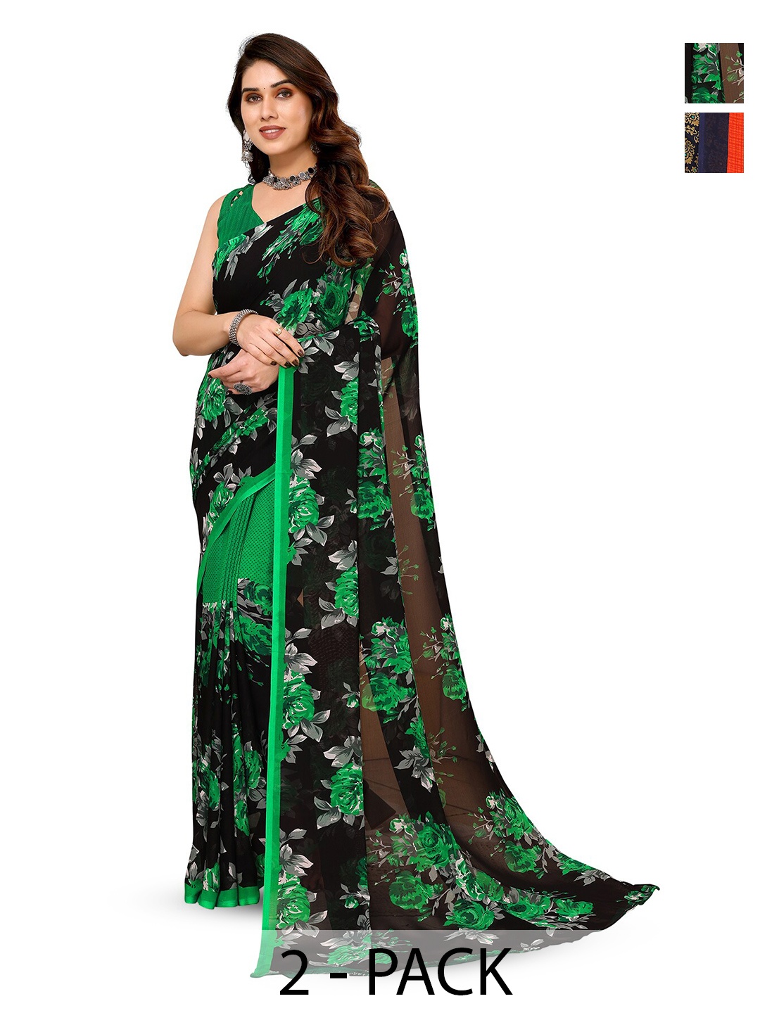 

ANAND SAREES Selection Of 2 Floral Printed Sarees, Black
