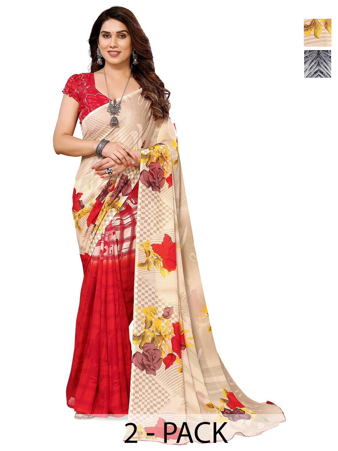 ANAND SAREES Selection Of 2 Floral Printed Sarees, Cream