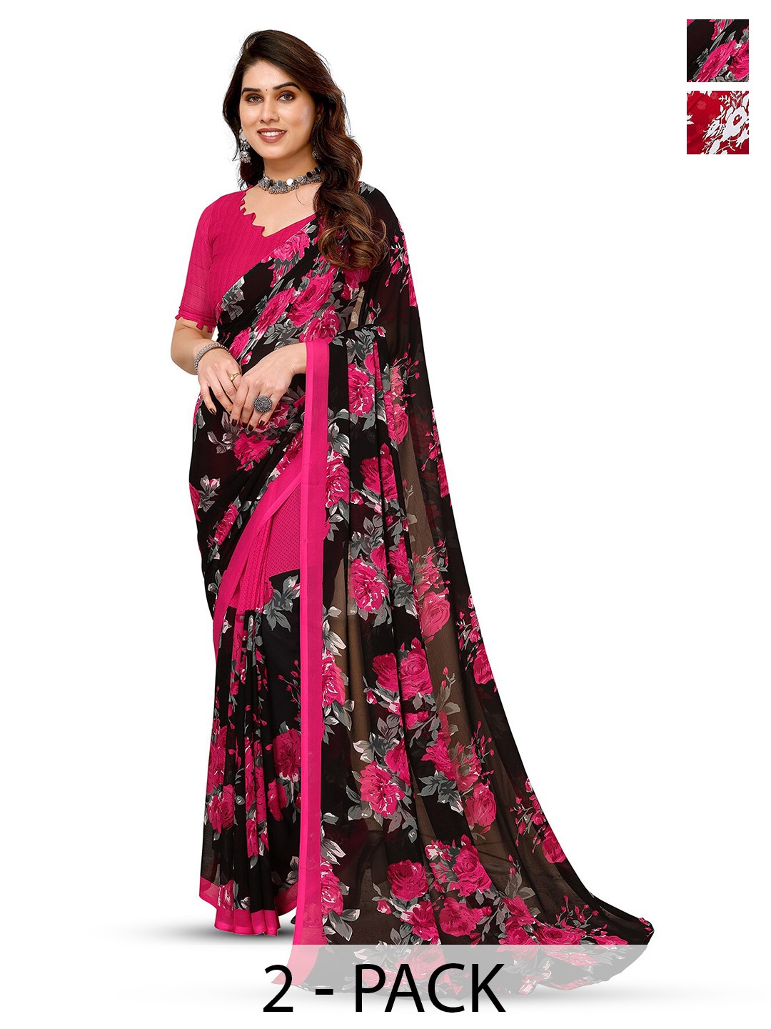 

ANAND SAREES Selection Of 2 Floral Printed Sarees, Pink