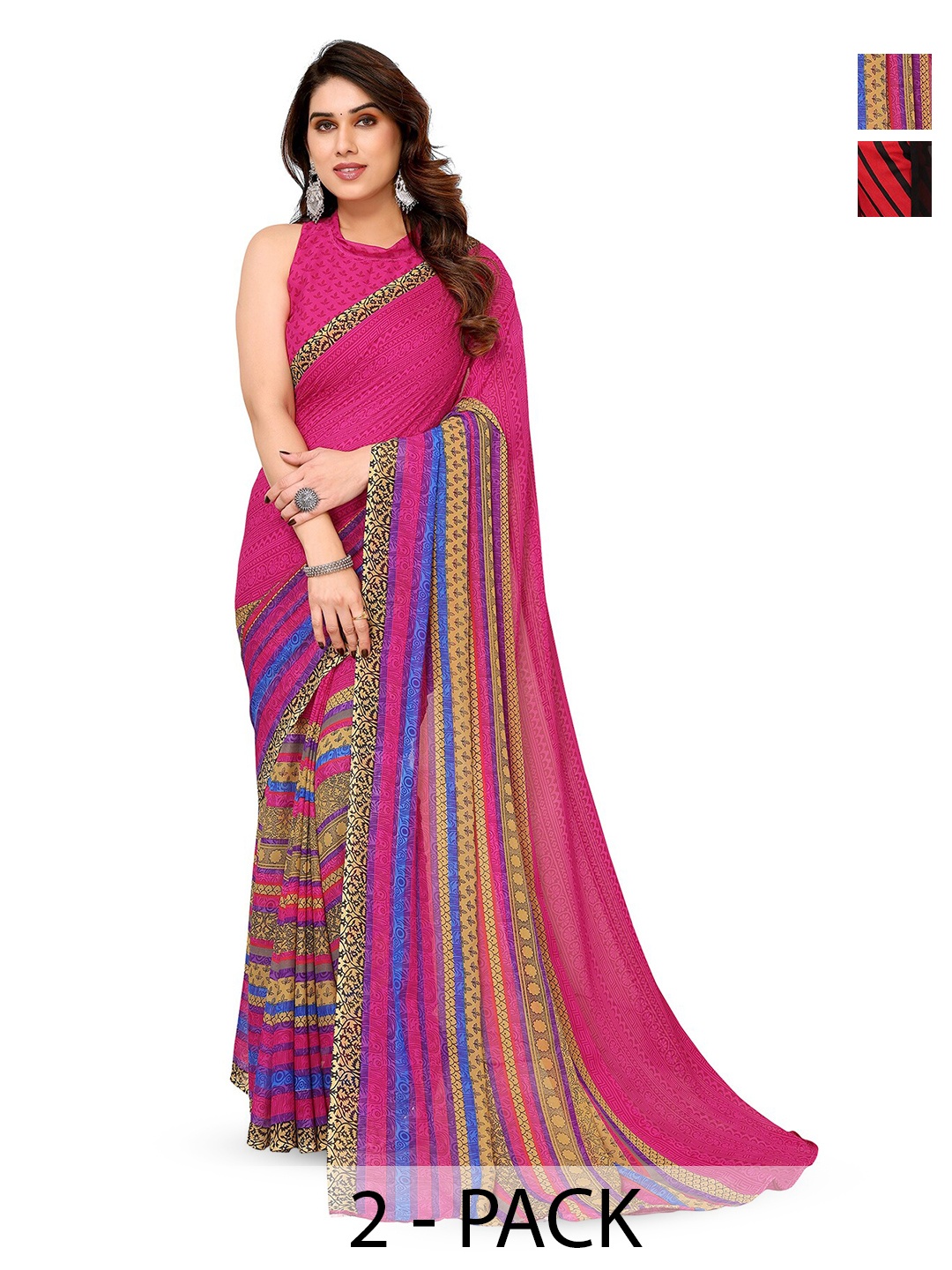 

ANAND SAREES Selection Of 2 Printed Sarees, Red
