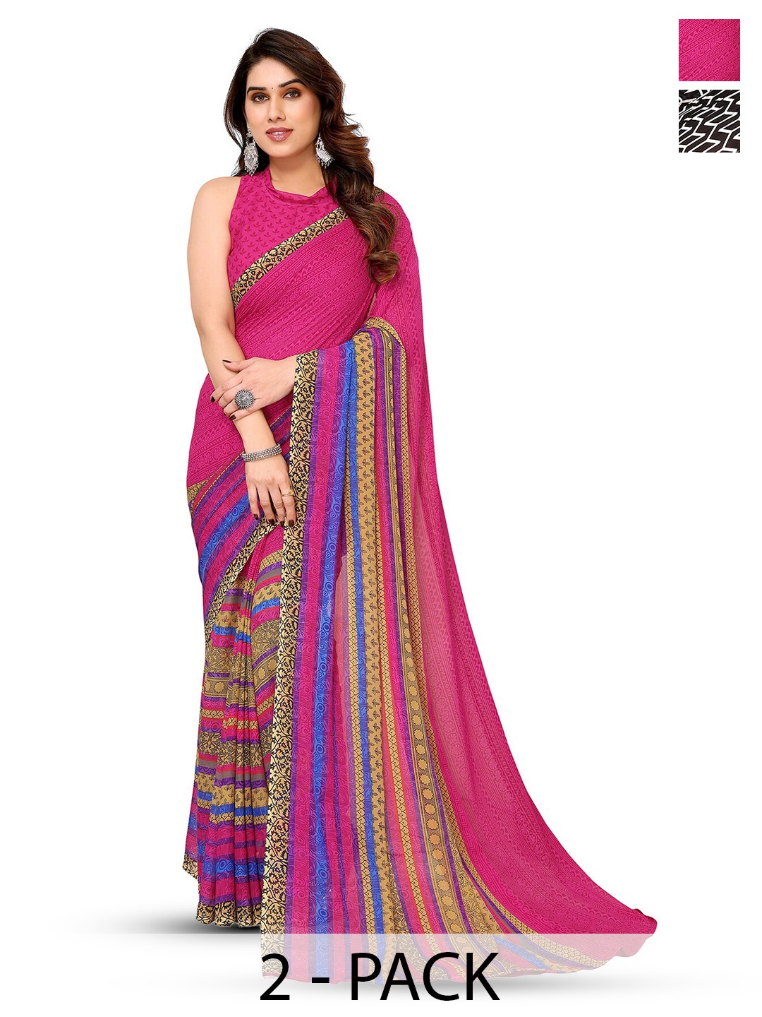 

ANAND SAREES Selection Of 2 Printed Sarees, Black