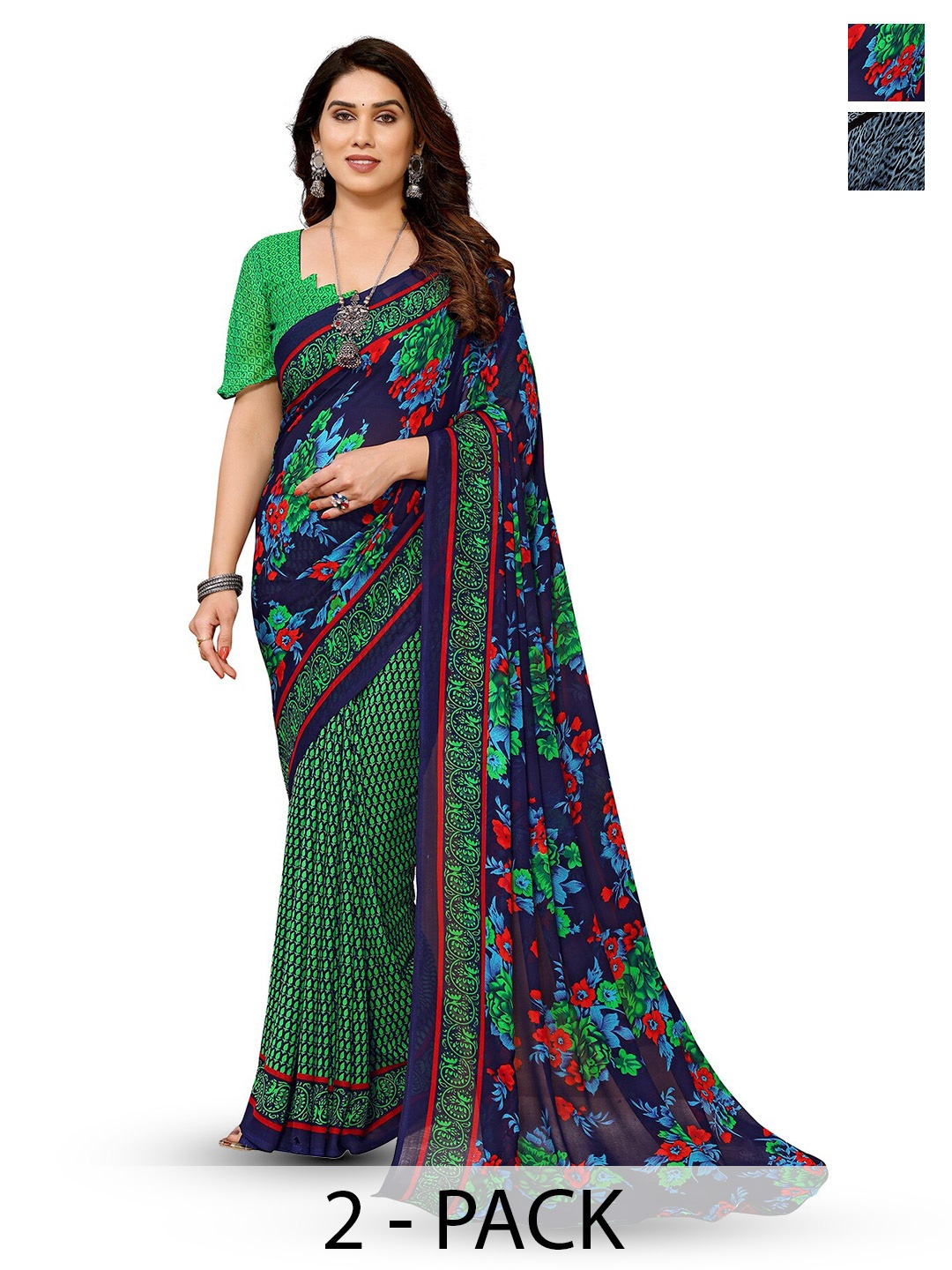 

ANAND SAREES Selection Of 2 Printed Sarees, Blue