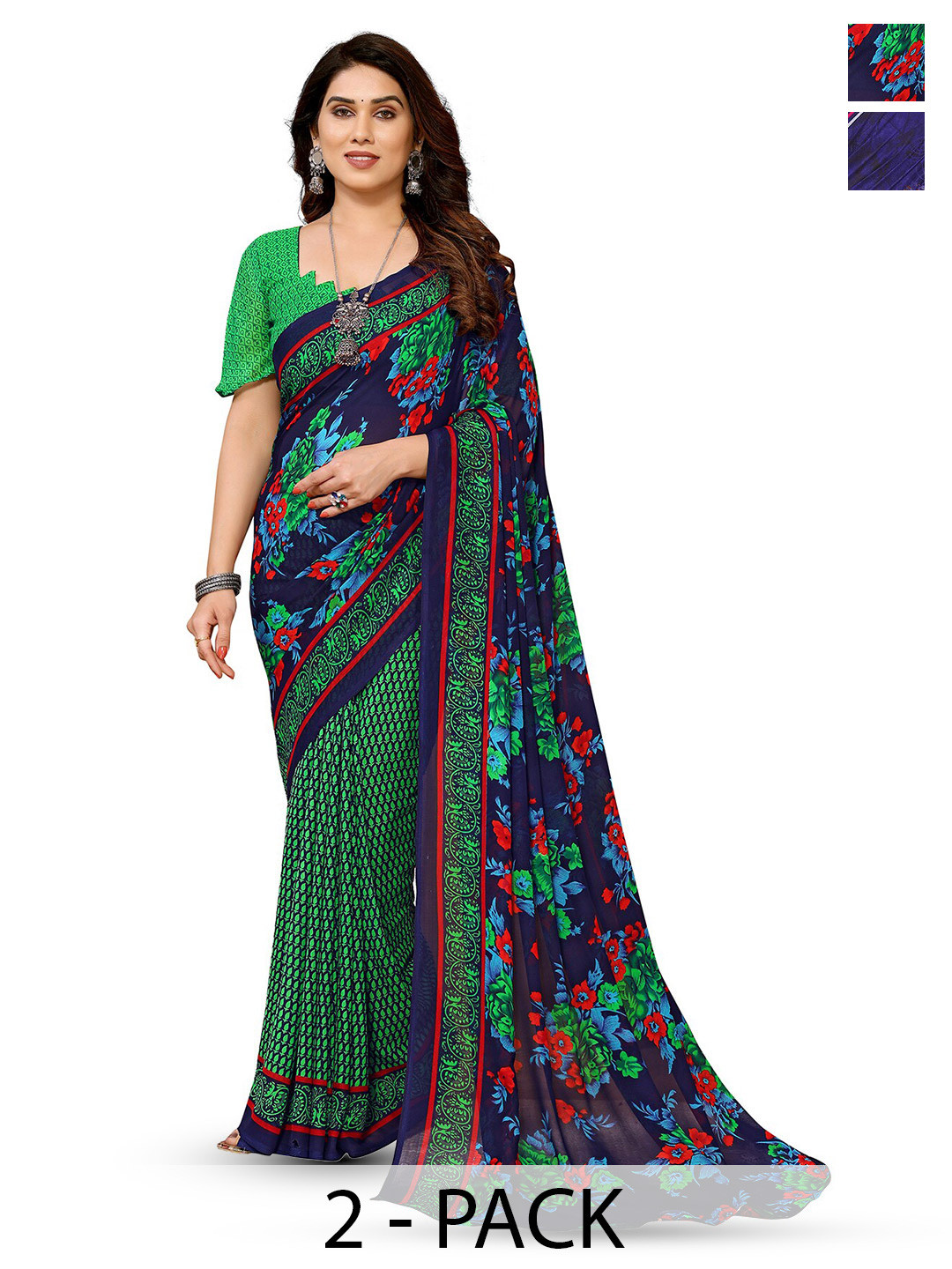 

ANAND SAREES Selection Of 2 Floral Printed Sarees, Green