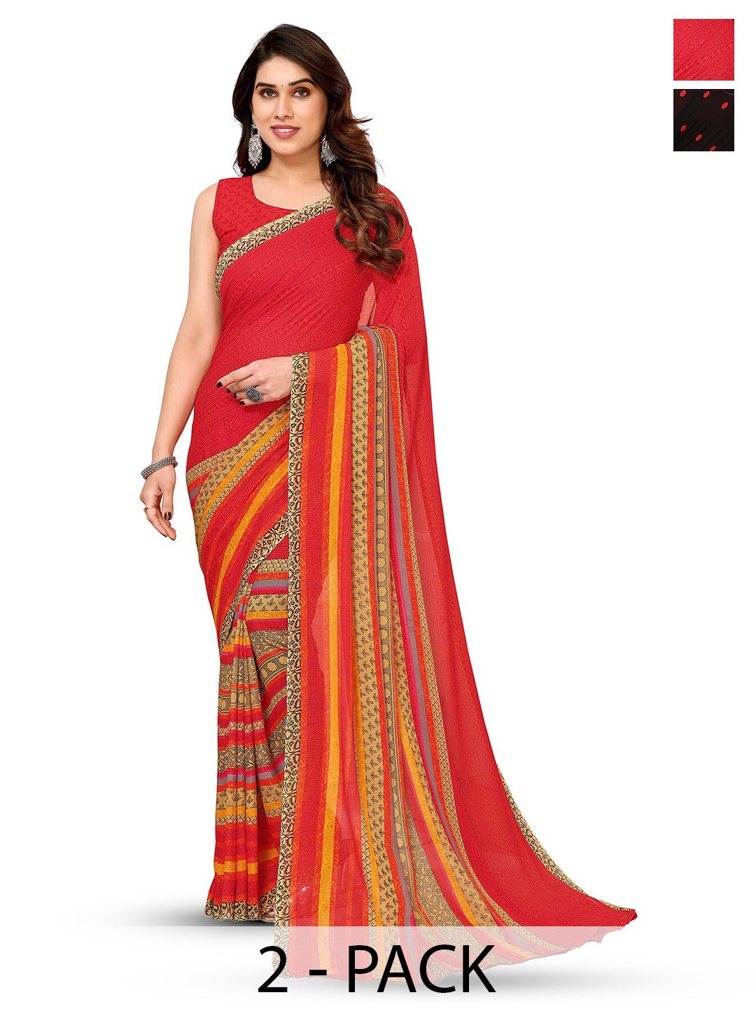 

ANAND SAREES Selection Of 2 Floral Printed Sarees, Black