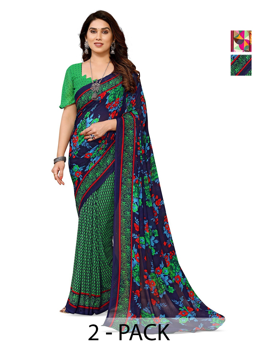 

ANAND SAREES Selection Of 2 Floral Printed Sarees, Green