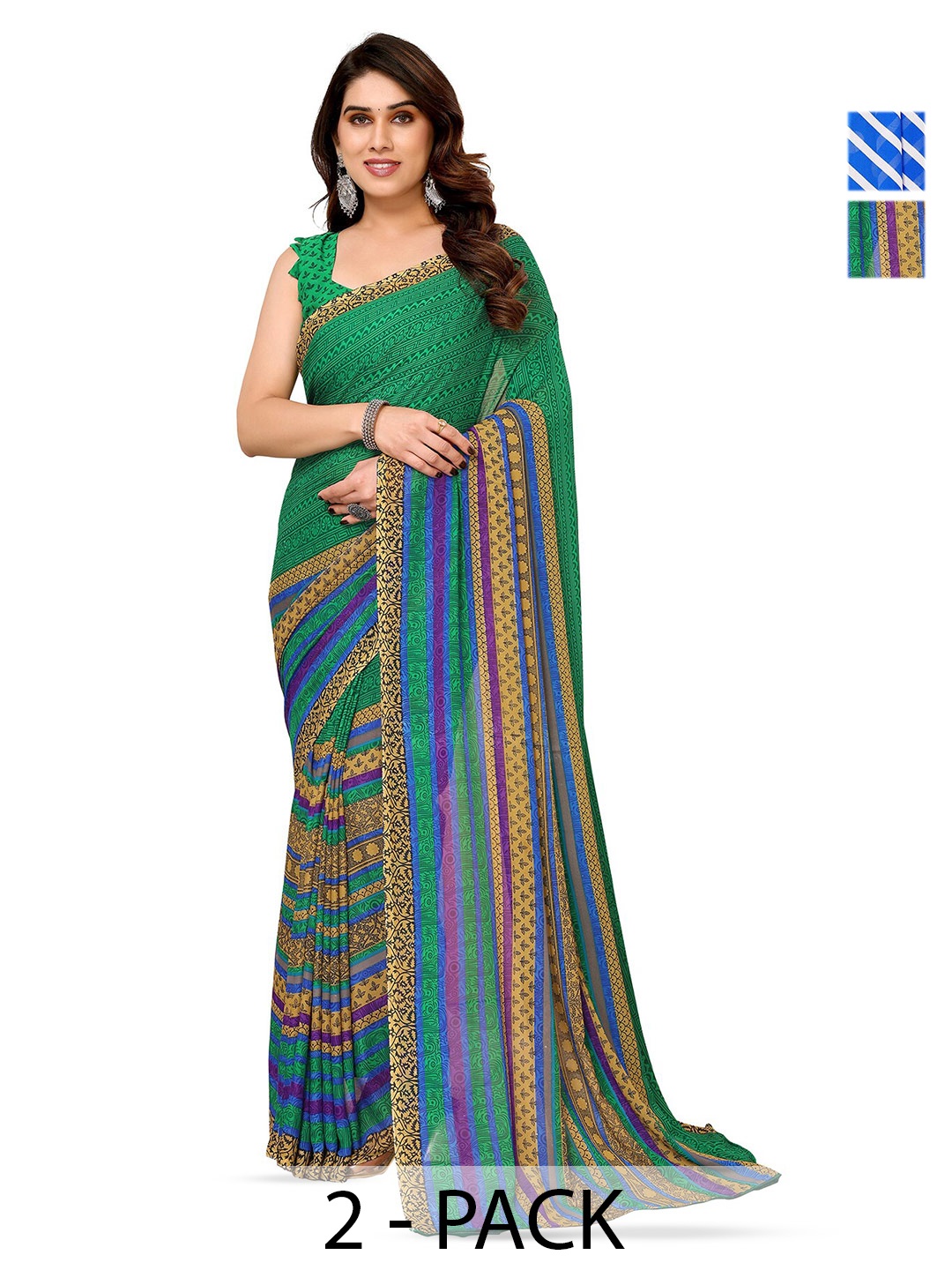 

ANAND SAREES Selection Of 2 Floral Printed Sarees, Green