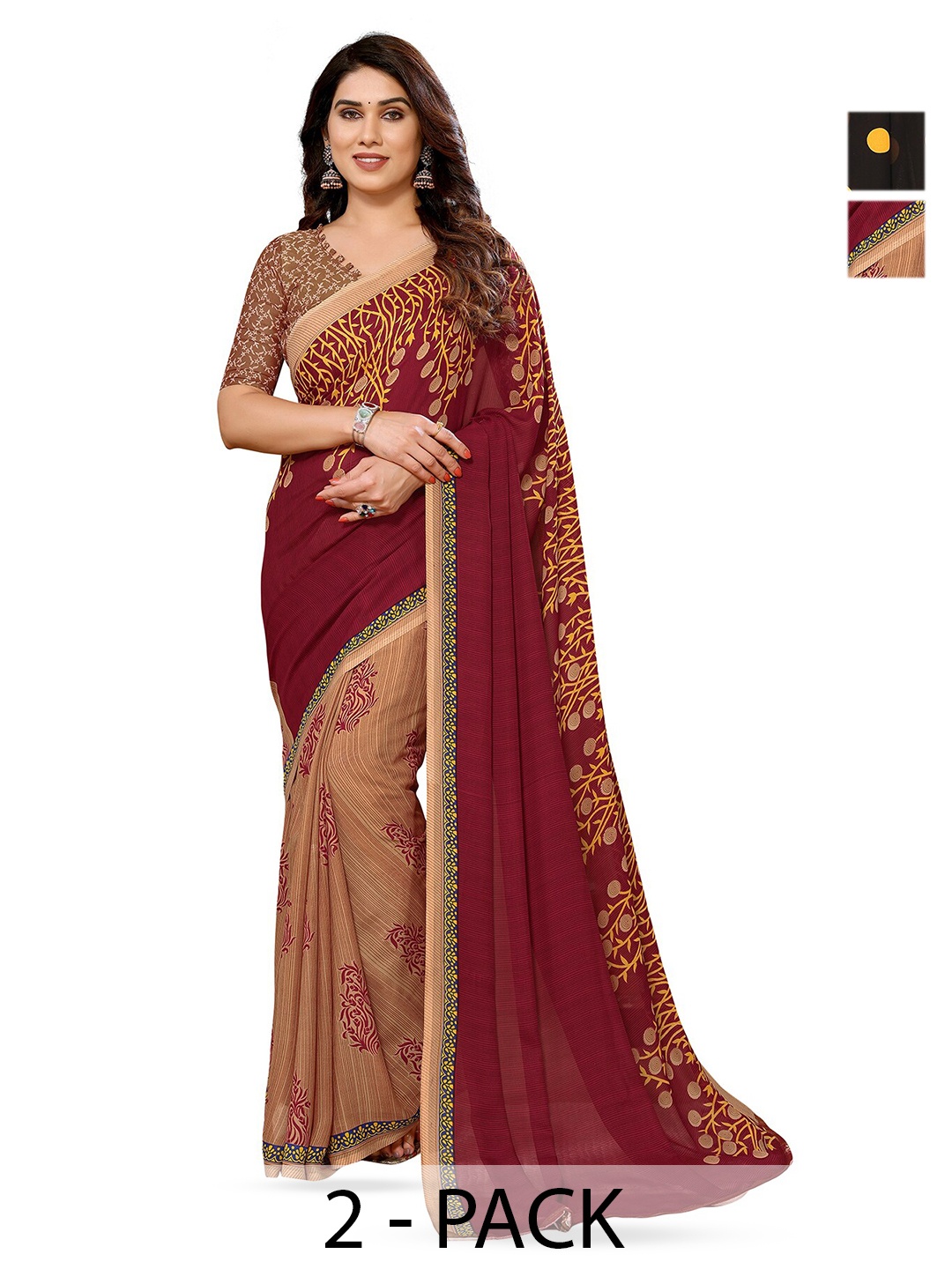 

ANAND SAREES Selection Of 2 Floral Printed Sarees, Brown