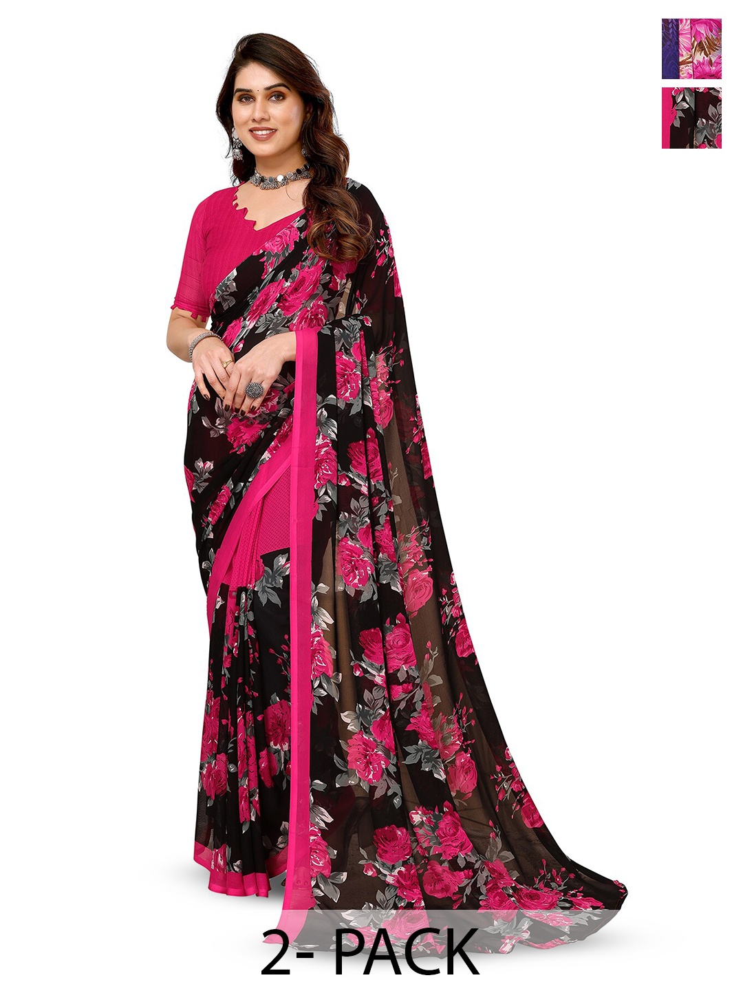 

ANAND SAREES Selection of 2 Floral Printed Saree, Blue