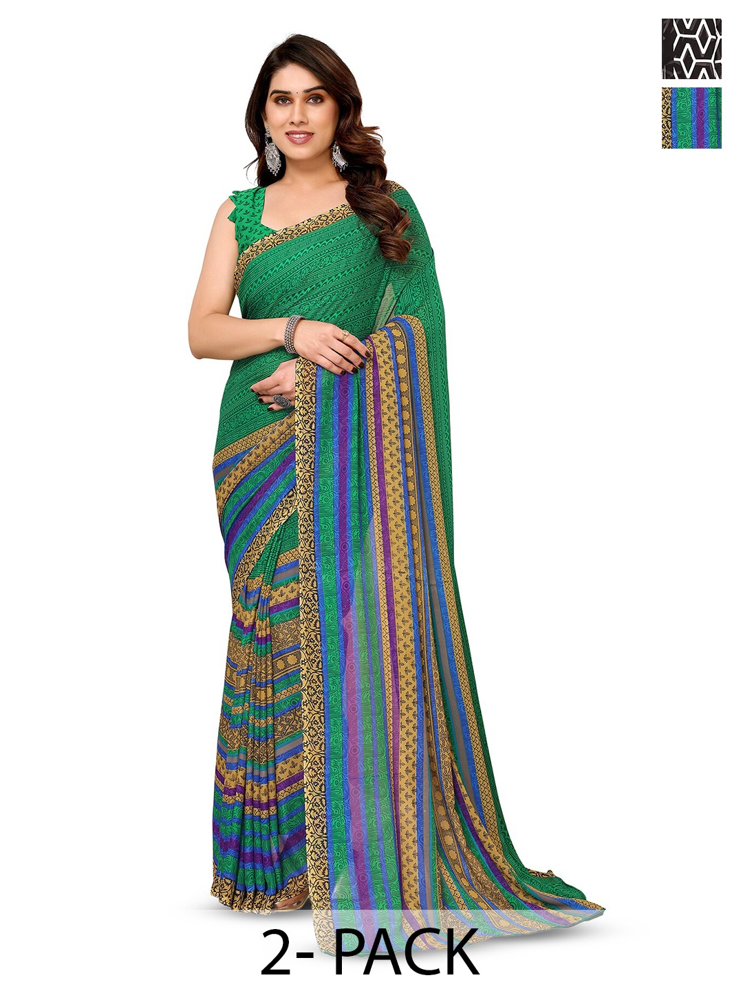 

ANAND SAREES Selection of 2 Floral Printed Saree, Green