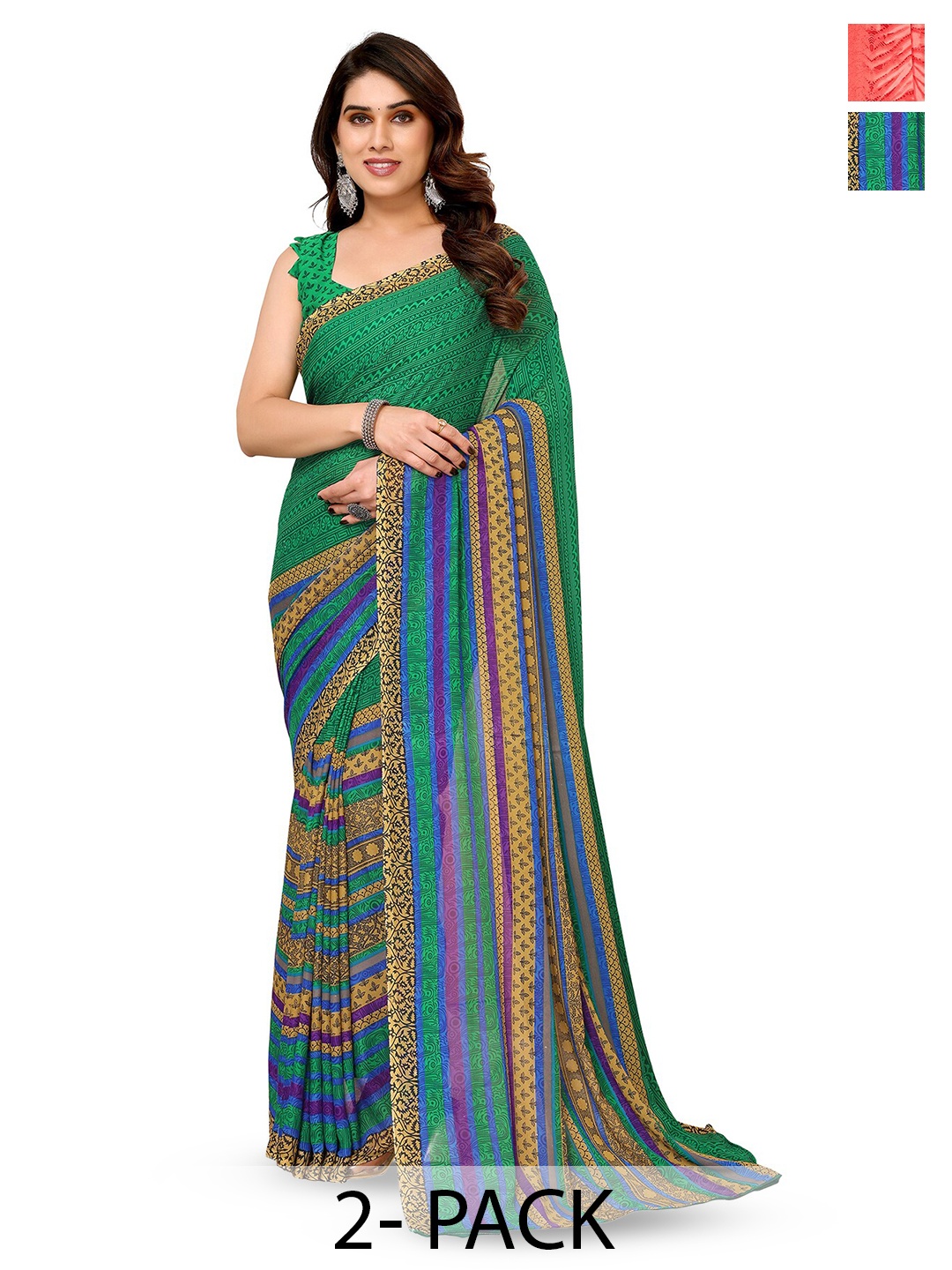 

ANAND SAREES Selection of 2 Floral Printed Saree, Red