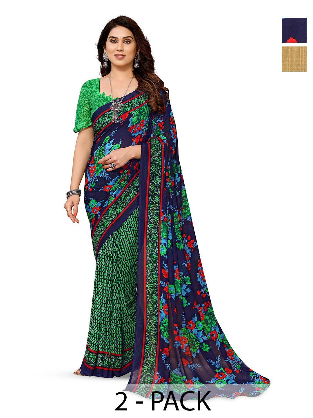 

ANAND SAREES Selection of 2 Floral Printed Saree, Green