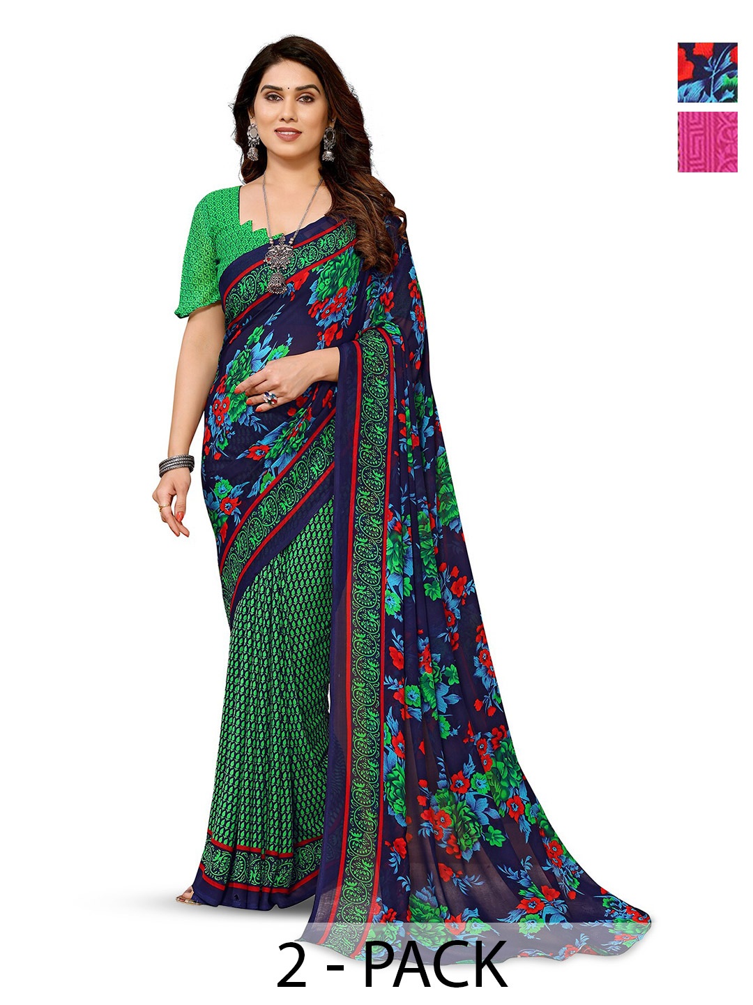 

ANAND SAREES Selection of 2 Floral Printed Saree, Green