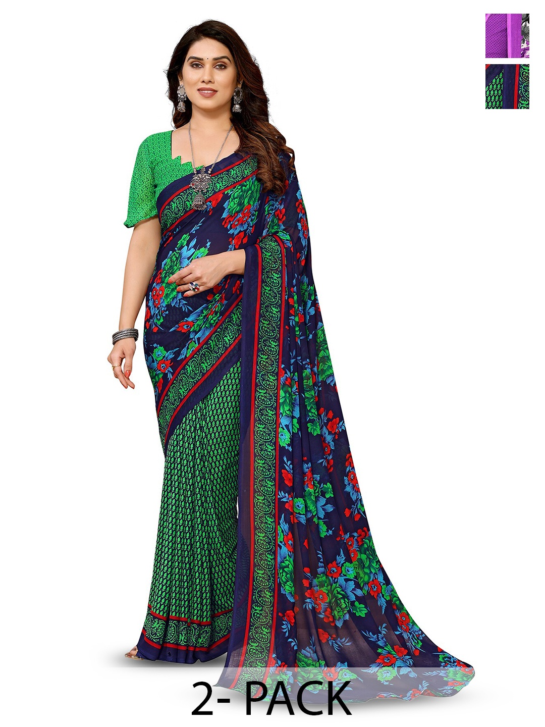 

ANAND SAREES Selection of 2 Floral Printed Saree, Green