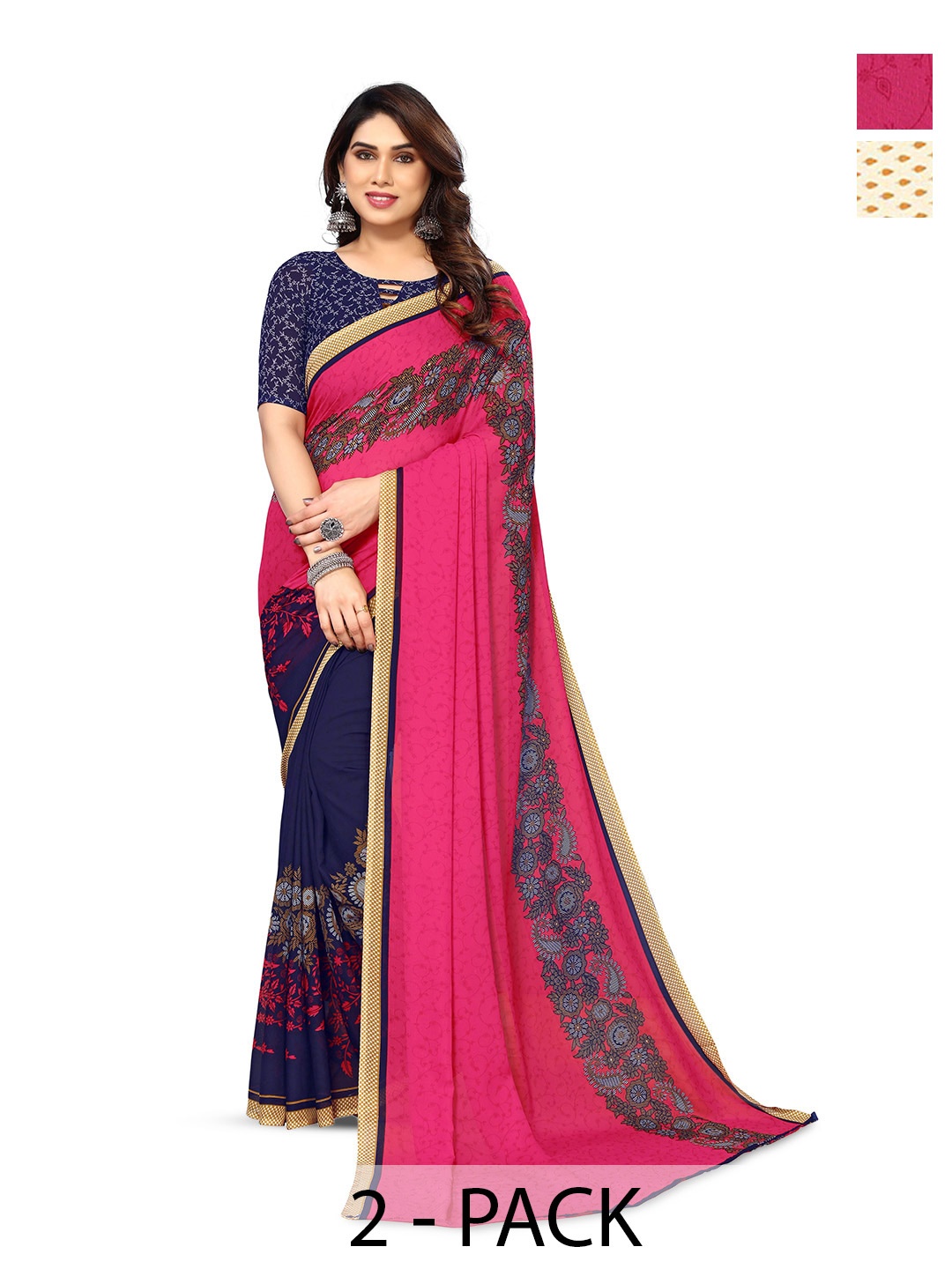 

ANAND SAREES Selection Of 2 Floral Printed Sarees, Pink