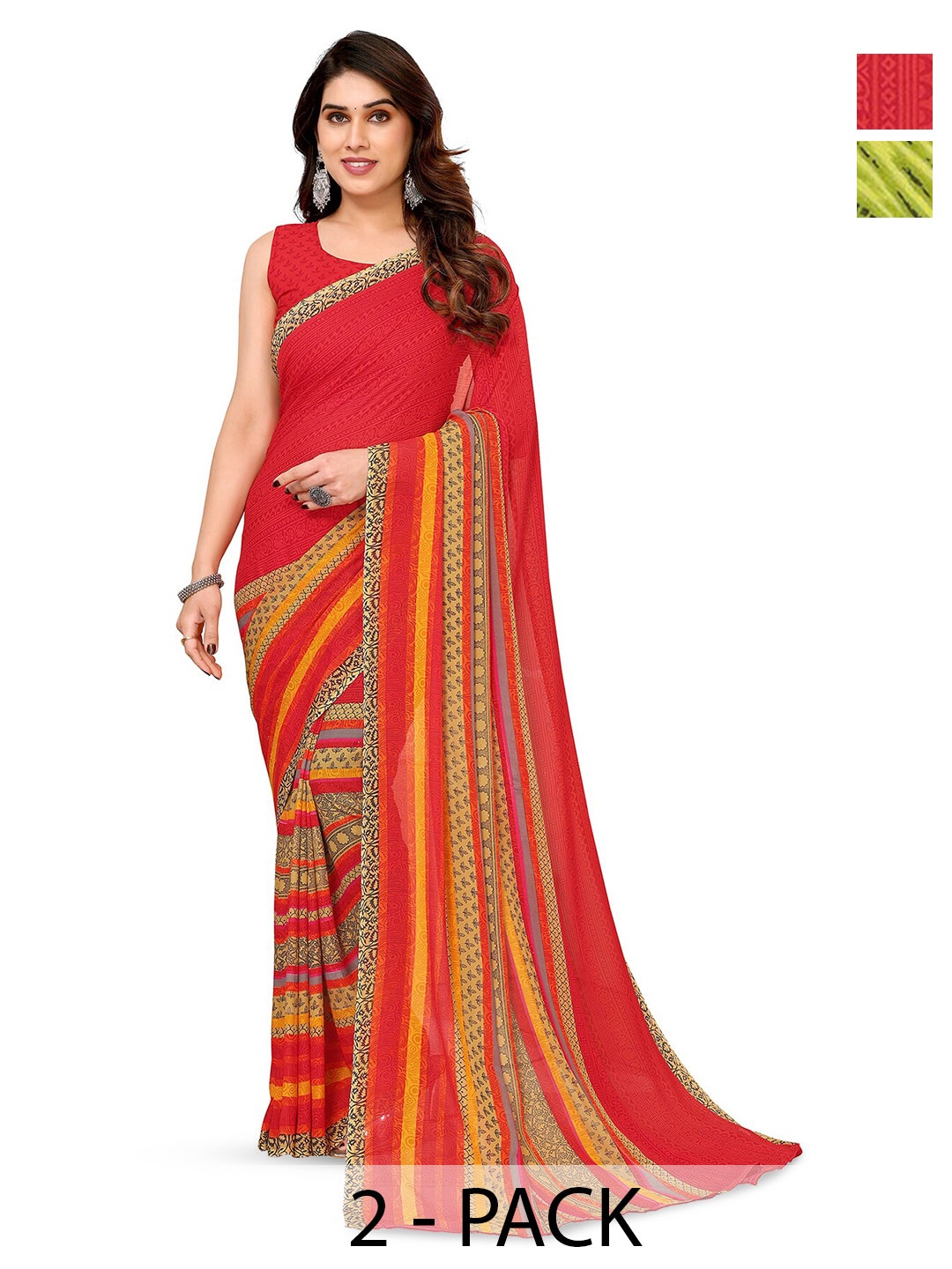 

ANAND SAREES Selection Of 2 Abstract Printed Sarees, Green