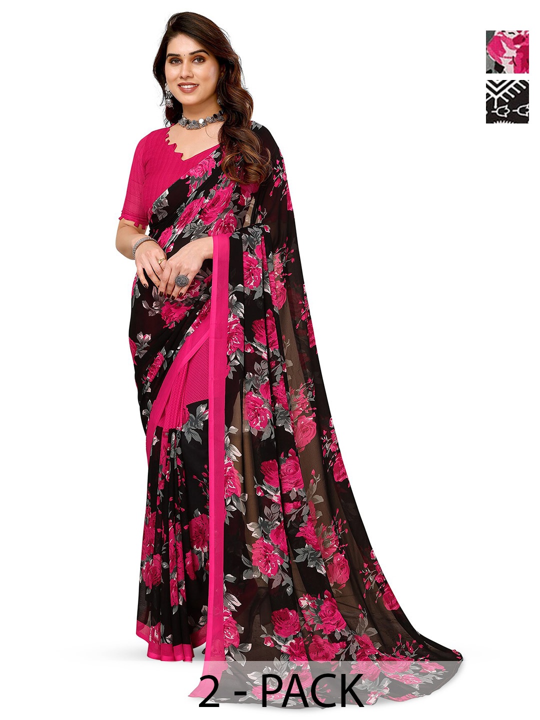 

ANAND SAREES Selection Of 2 Floral Printed Sarees, Pink