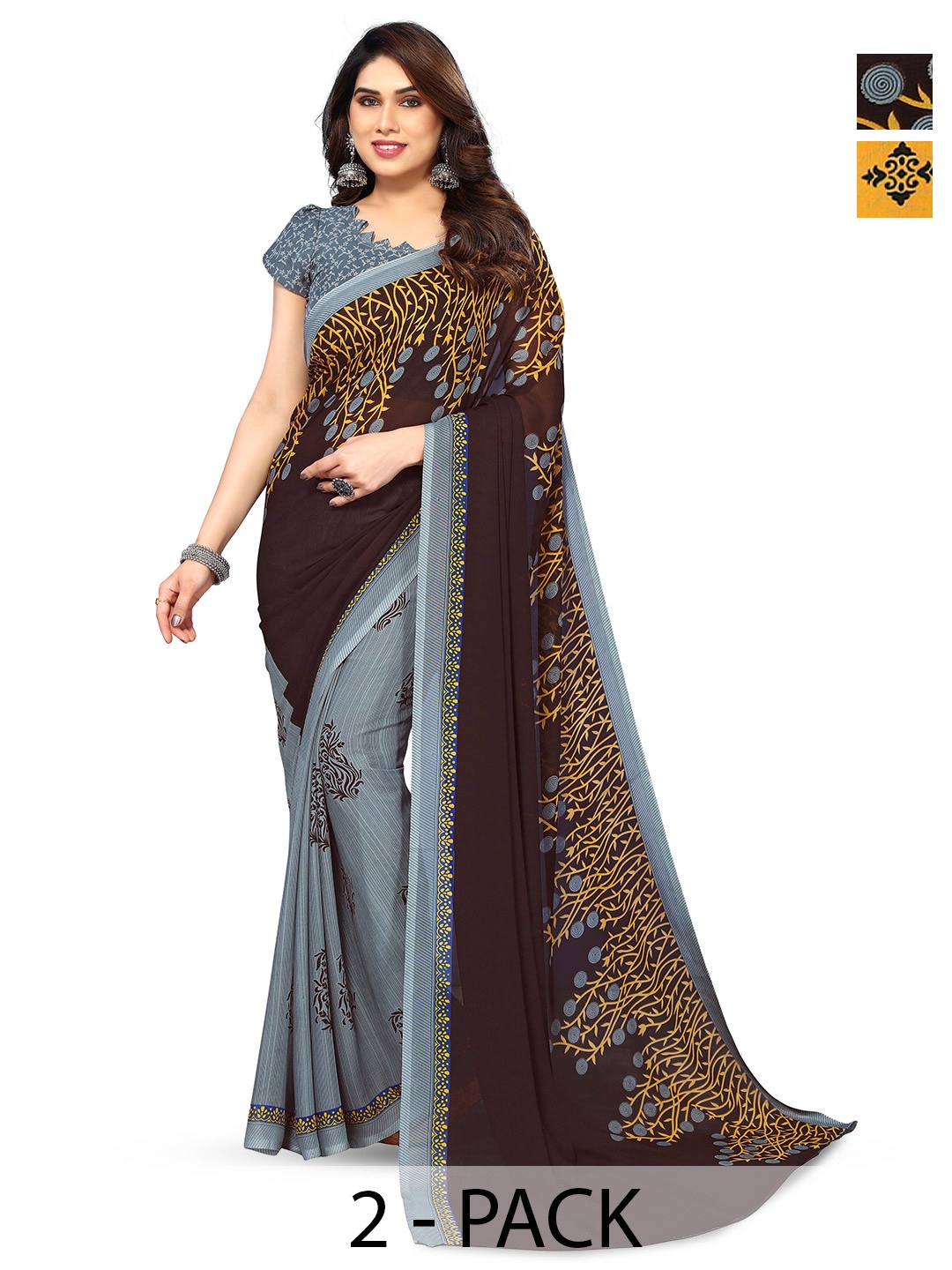 

ANAND SAREES Selection Of 2 Floral Printed Sarees, Yellow