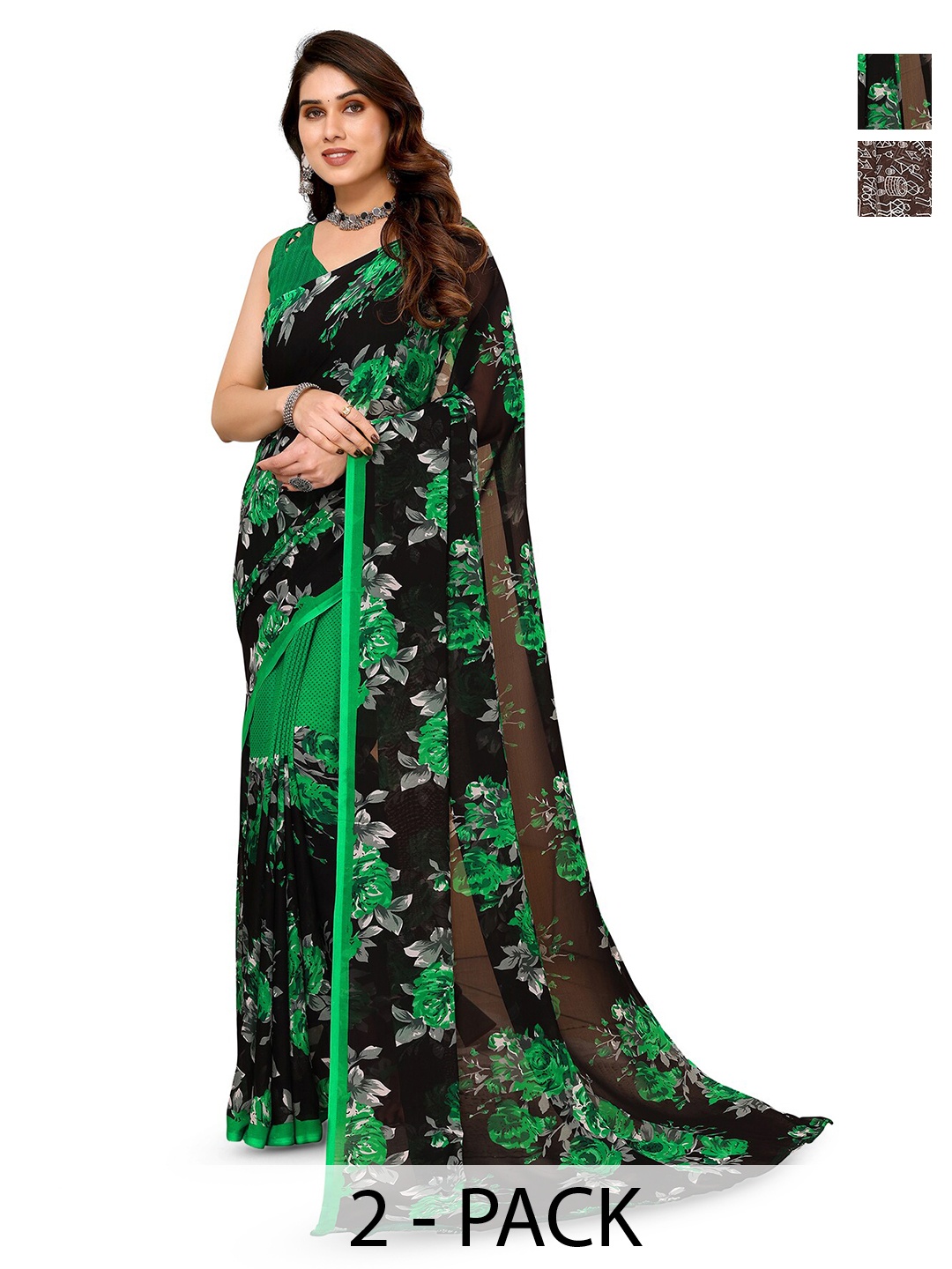 

ANAND SAREES Selection Of 2 Floral Printed Sarees, Green