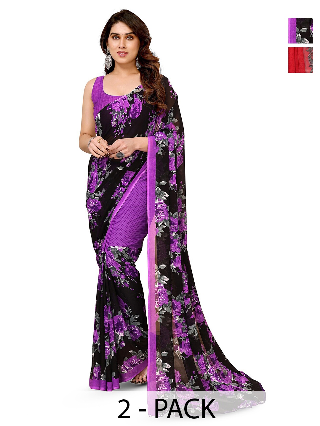 

ANAND SAREES Selection Of 2 Floral Printed Sarees, Lavender