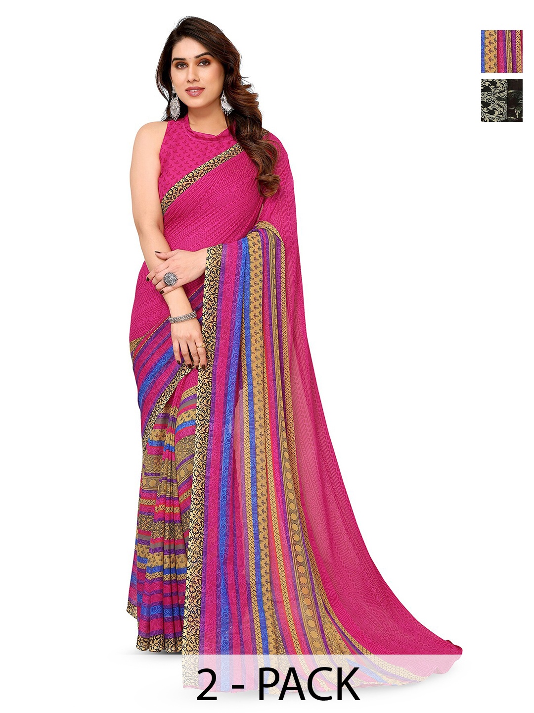 

ANAND SAREES Selection Of 2 Floral Printed Sarees, Pink