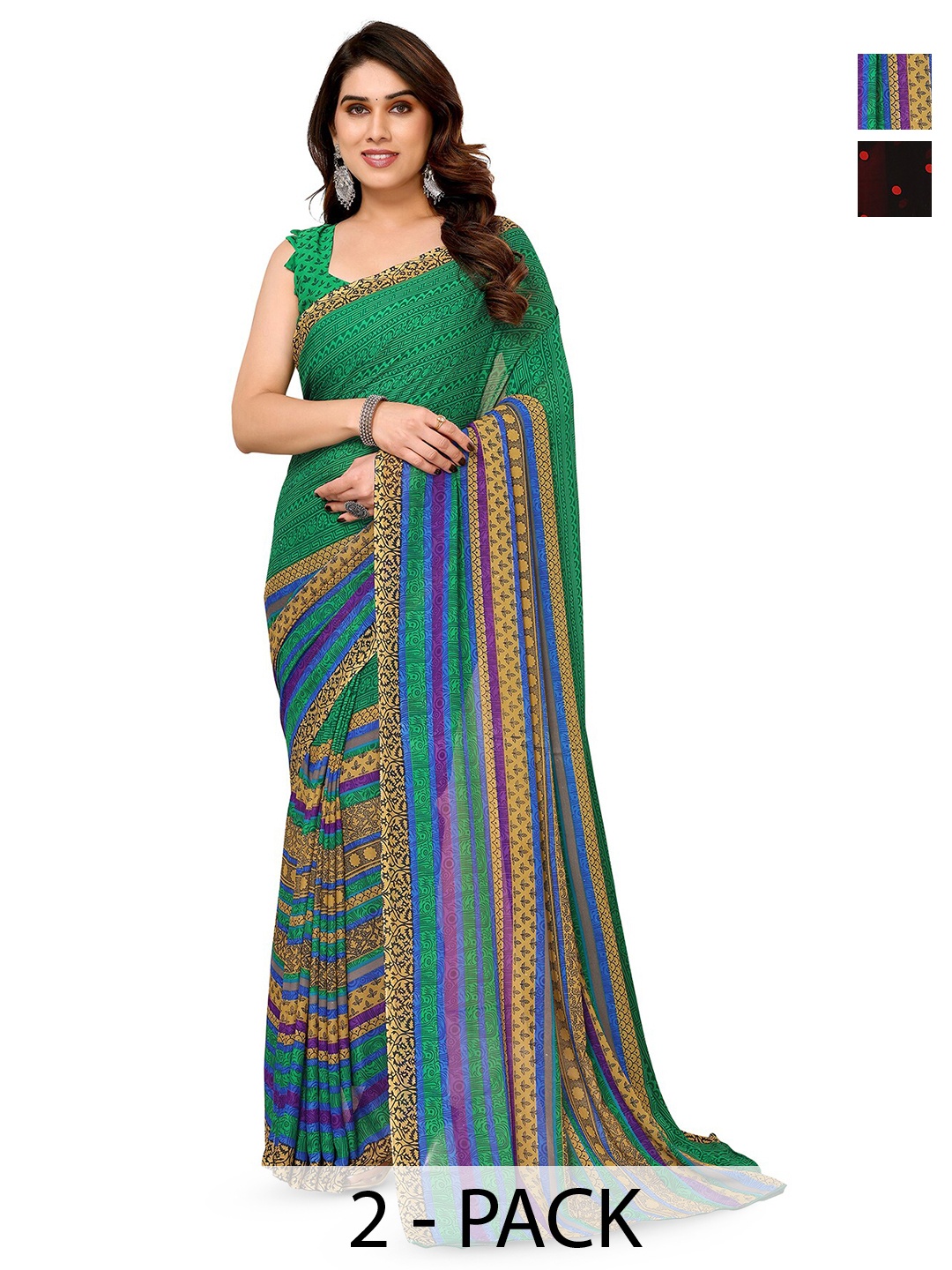 

ANAND SAREES Selection Of 2 Polka Dots Printed Sarees, Green