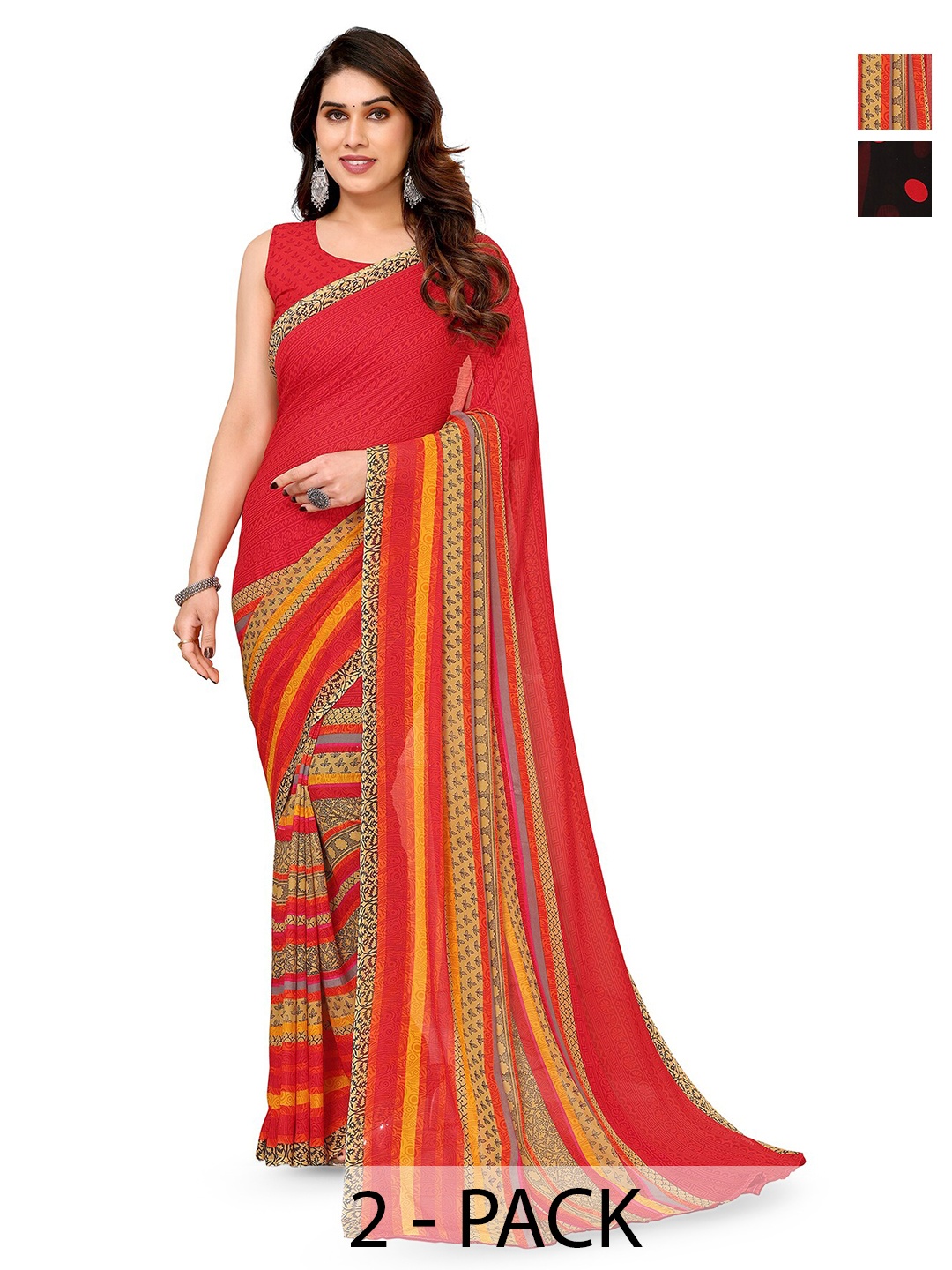 

ANAND SAREES Selection Of 2 Polka Dots Printed Sarees, Red