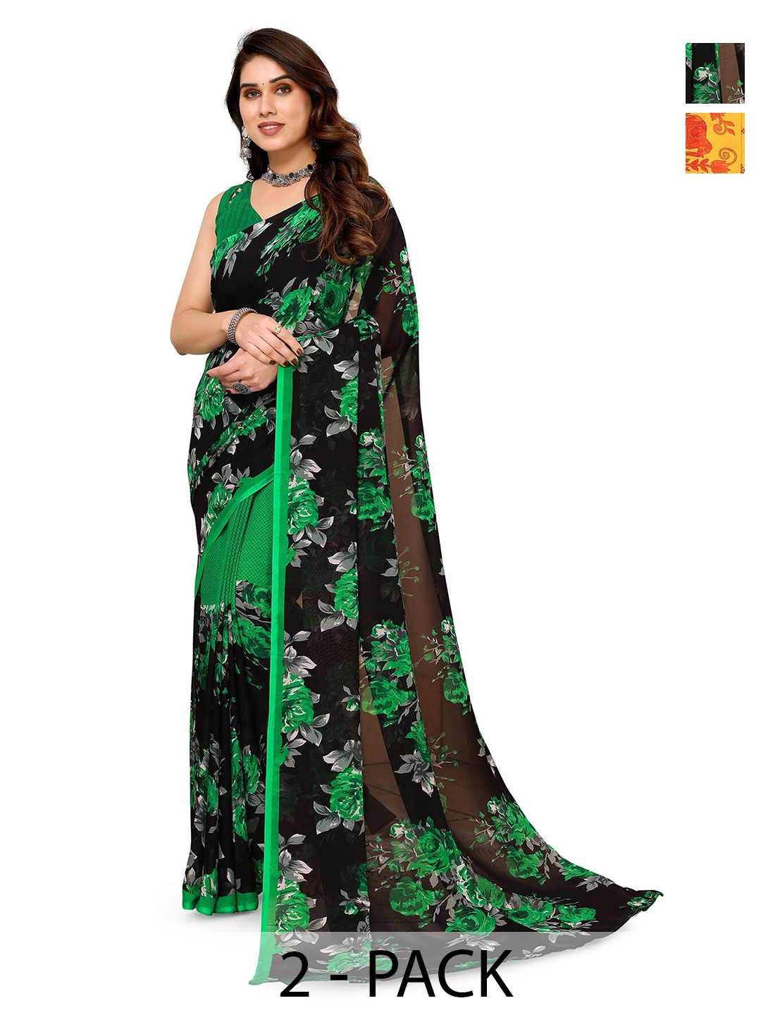 

ANAND SAREES Selection Of 2 Floral Printed Saree, Black