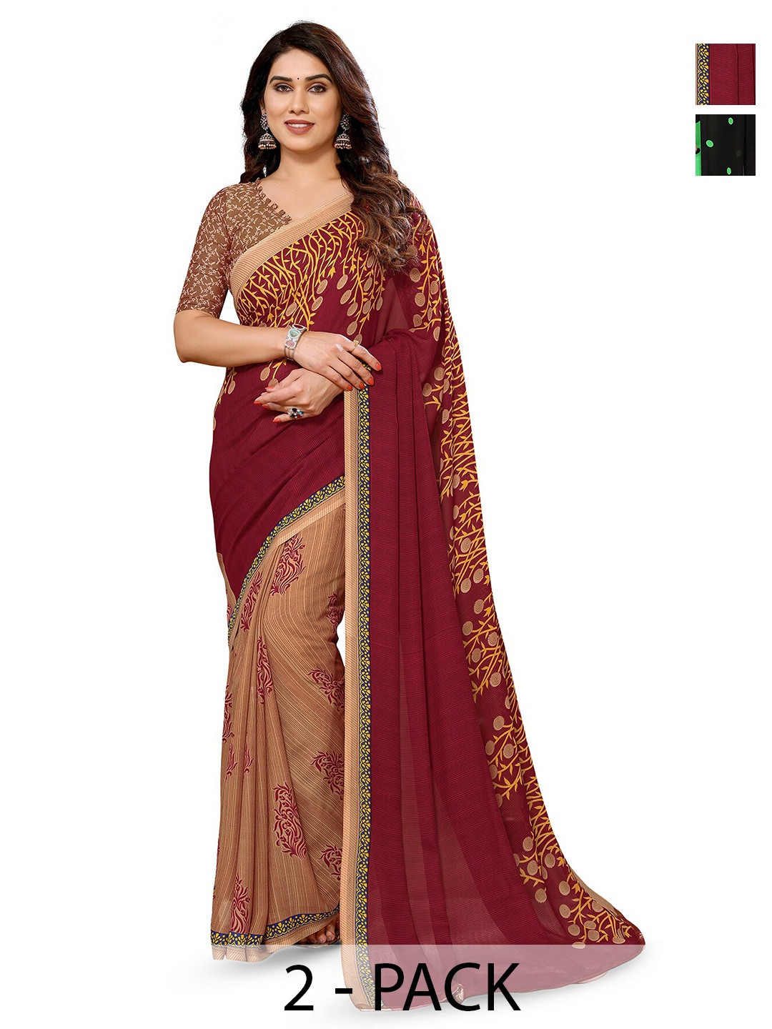 

ANAND SAREES Selection Of 2 Floral Printed Saree, Brown