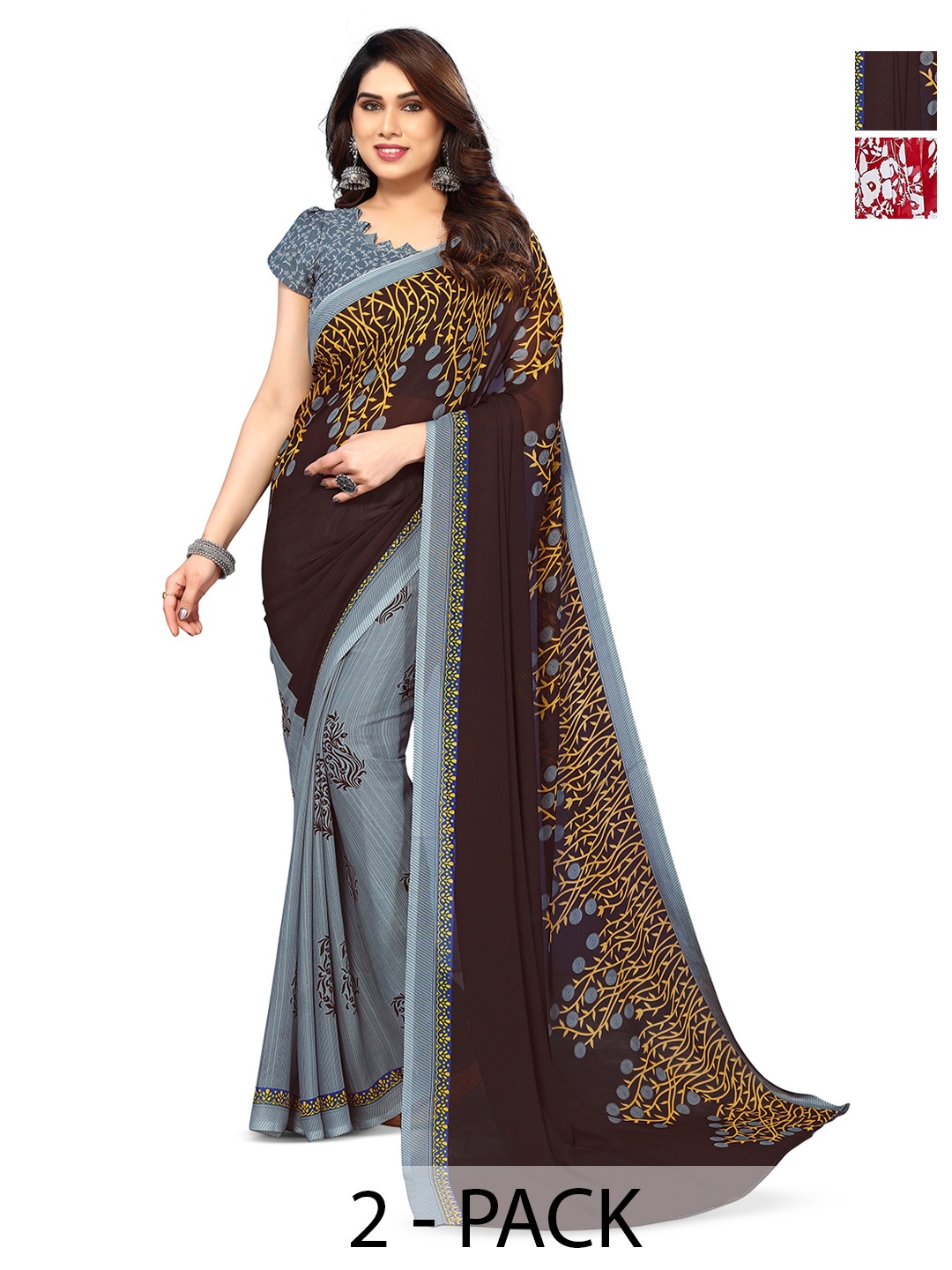 

ANAND SAREES Selection Of 2 Floral Printed Saree, Red