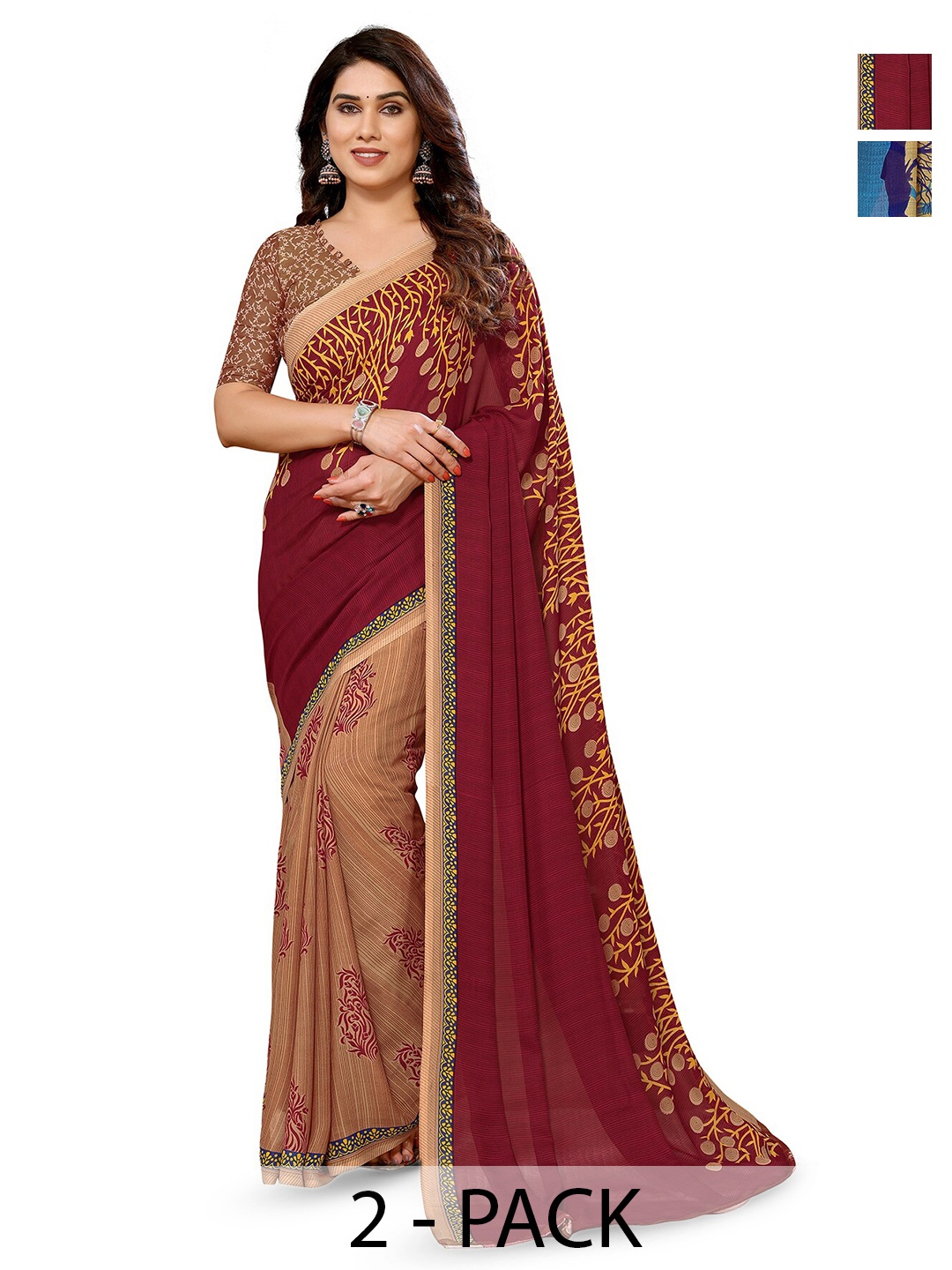 

ANAND SAREES Selection Of 2 Floral Printed Saree, Brown