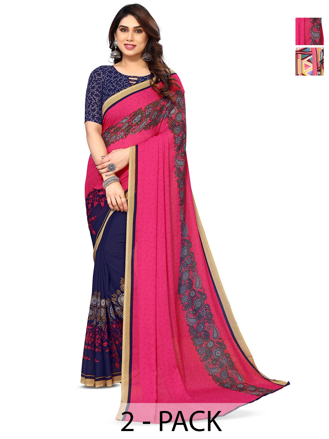 

ANAND SAREES Selection Of 2 Floral Printed Saree, Pink