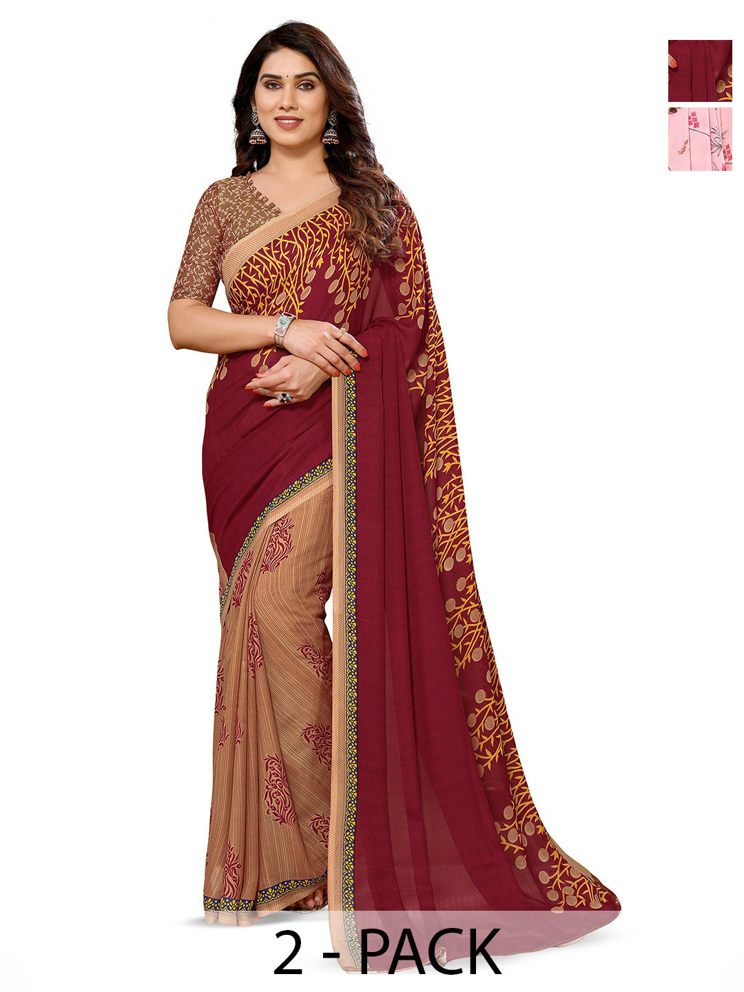 

ANAND SAREES Selection Of 2 Floral Printed Saree, Pink
