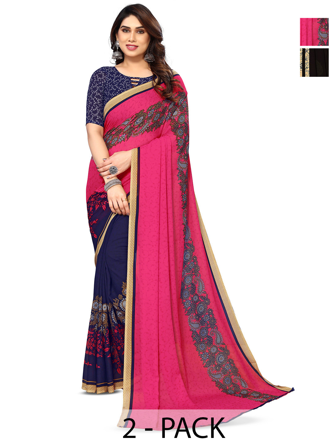 

ANAND SAREES Selection Of 2 Polka Dot Printed Saree, Black