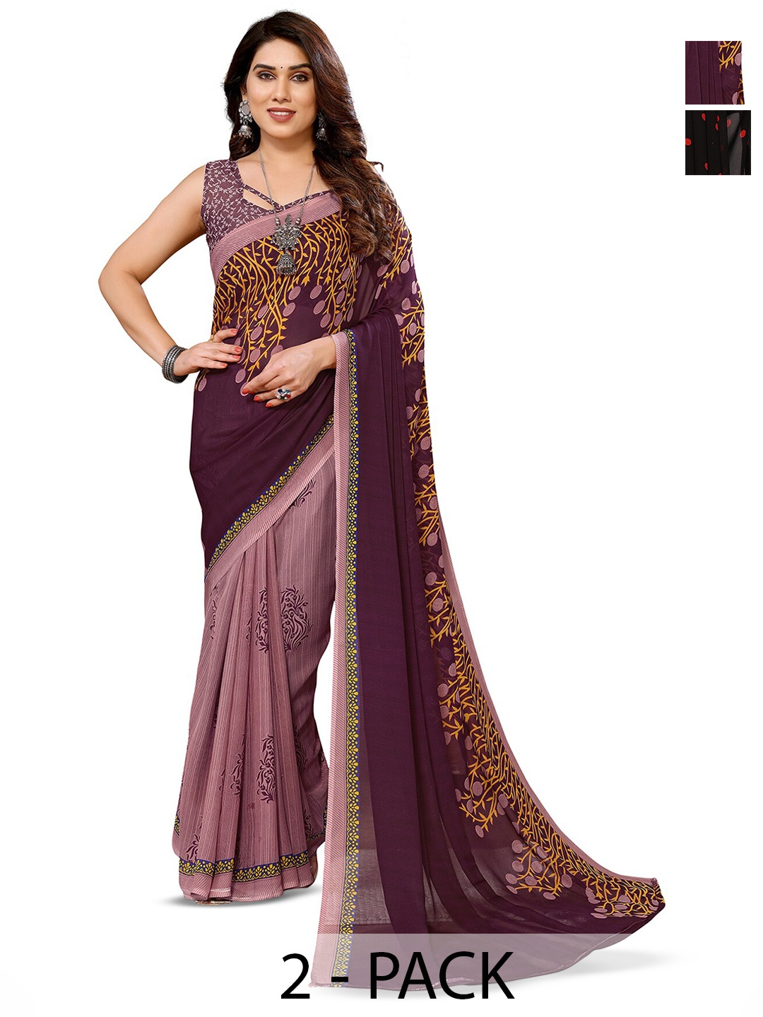 

ANAND SAREES Selection Of 2 Polka Dot Printed Saree, Black