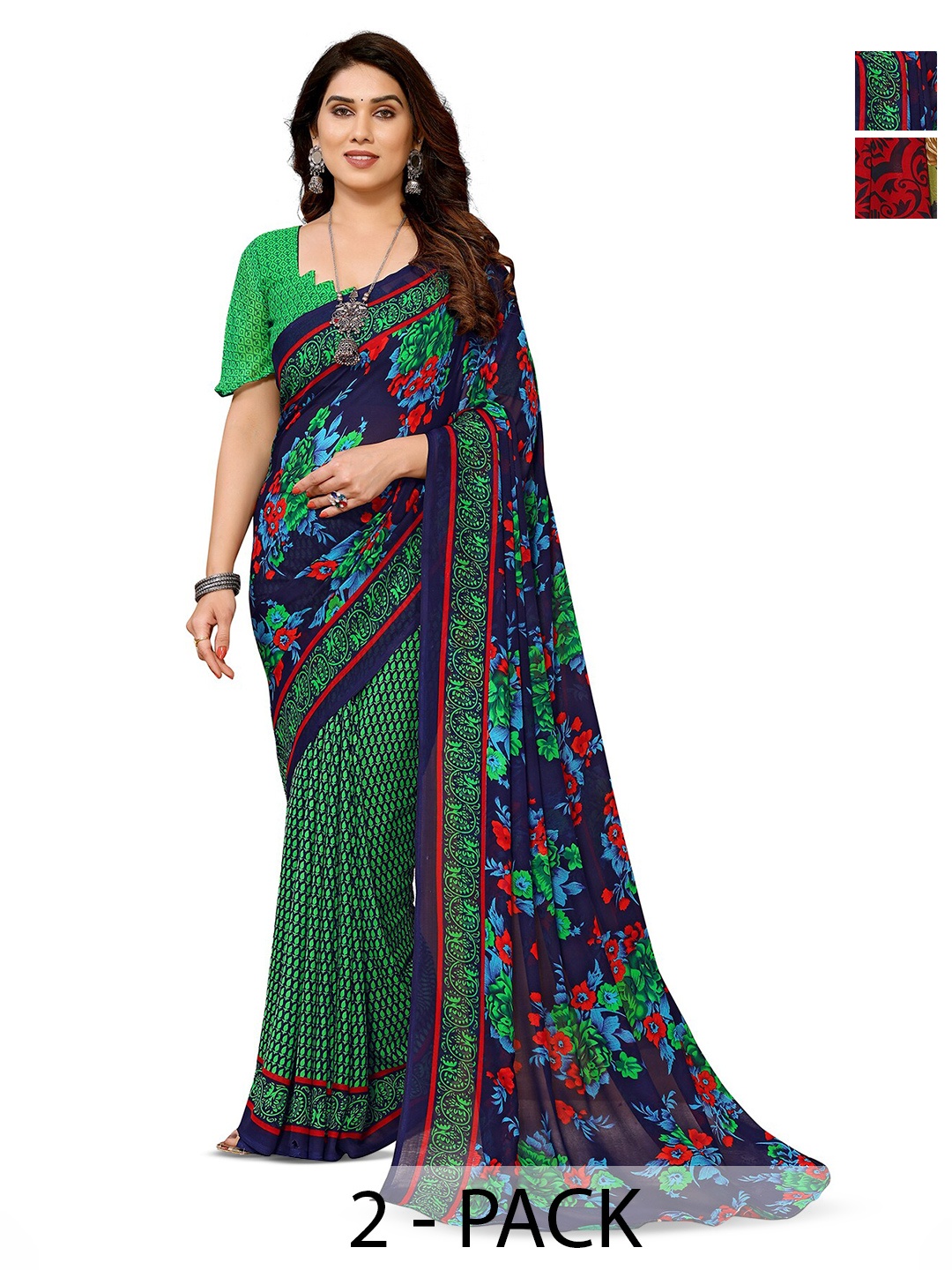 

ANAND SAREES Selection Of 2 Printed Saree, Green