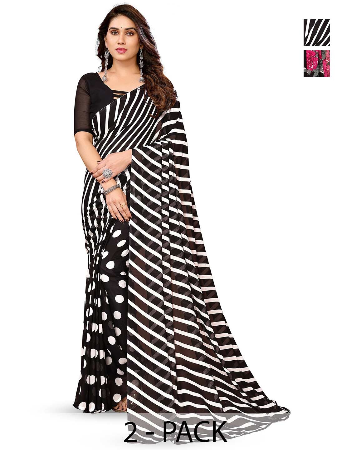 

ANAND SAREES Selection of 2 Floral Printed Saree, Black