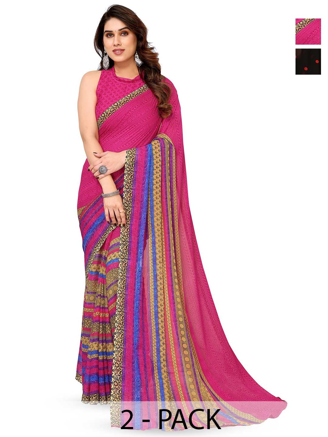 

ANAND SAREES Selection of 2 Polka Dot Printed Saree, Pink