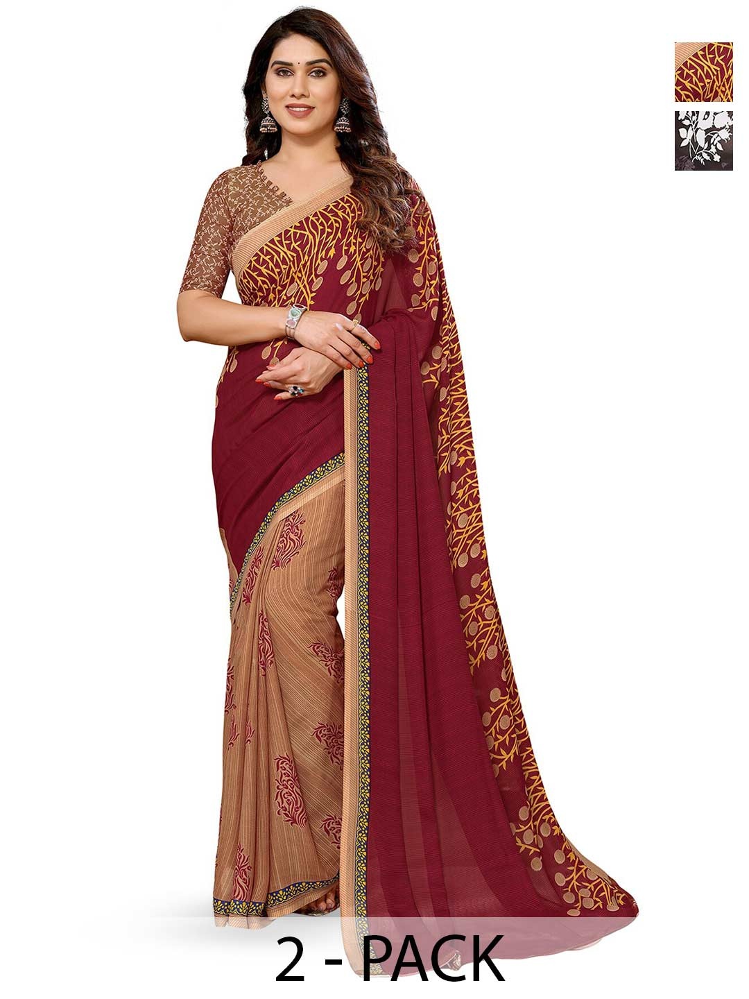 

ANAND SAREES Selection of 2 Floral Printed Saree, Brown