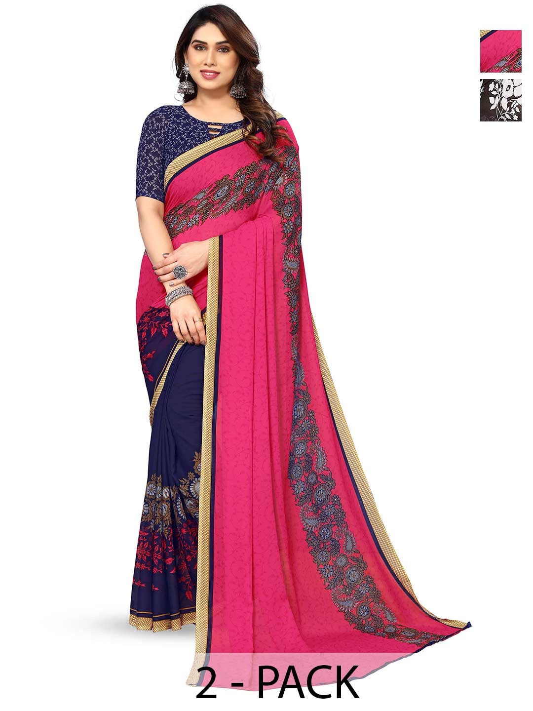 

ANAND SAREES Selection of 2 Floral Printed Saree, Navy blue