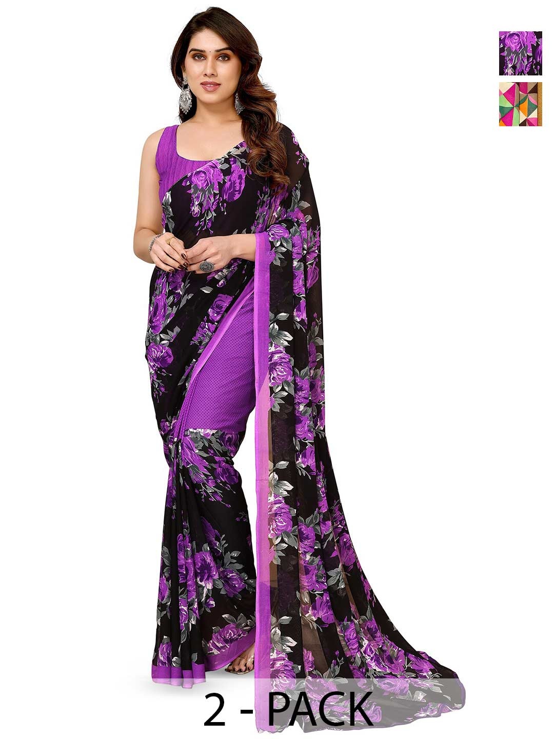 

ANAND SAREES Selection of 2 Floral Printed Saree, Black