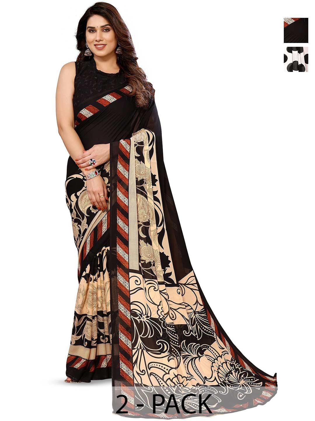 

ANAND SAREES Selection of 2 Polka Dot Printed Saree, Black