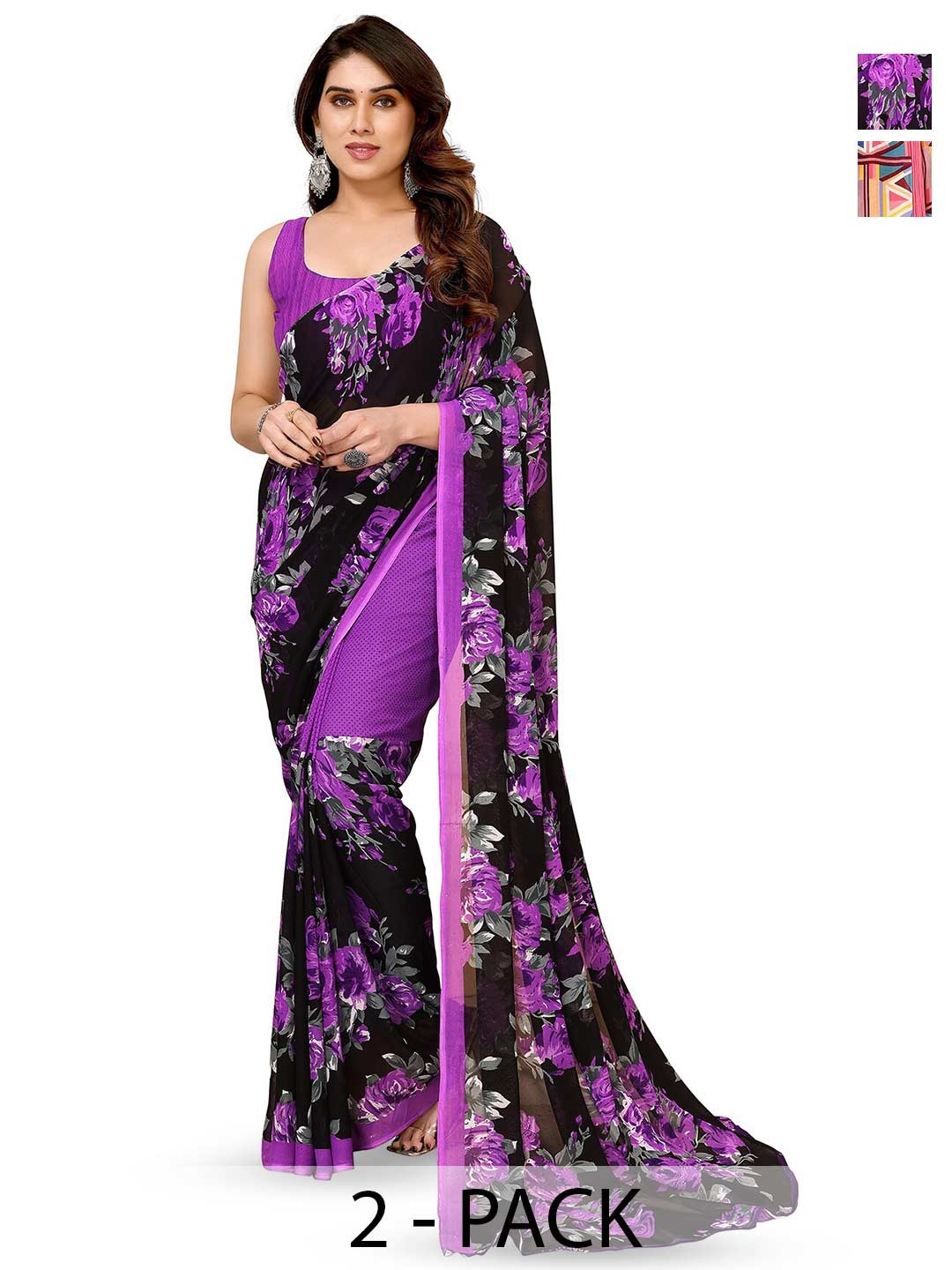 

ANAND SAREES Selection of 2 Floral Printed Saree, Purple