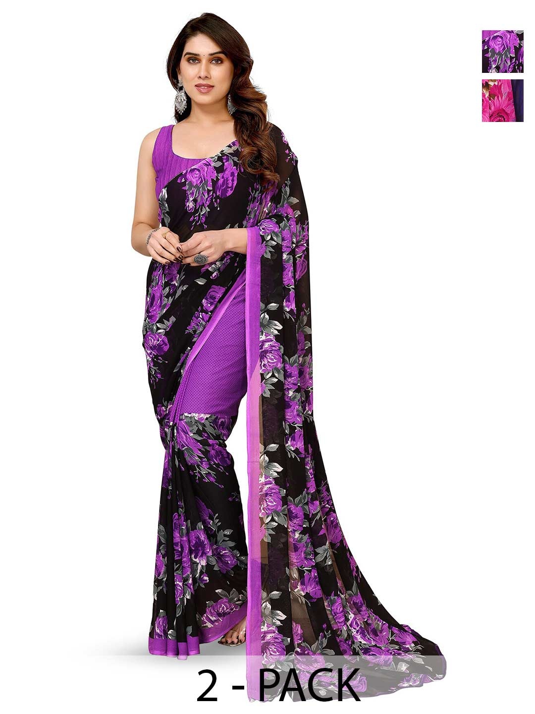 

ANAND SAREES Selection of 2 Floral Printed Saree, Purple