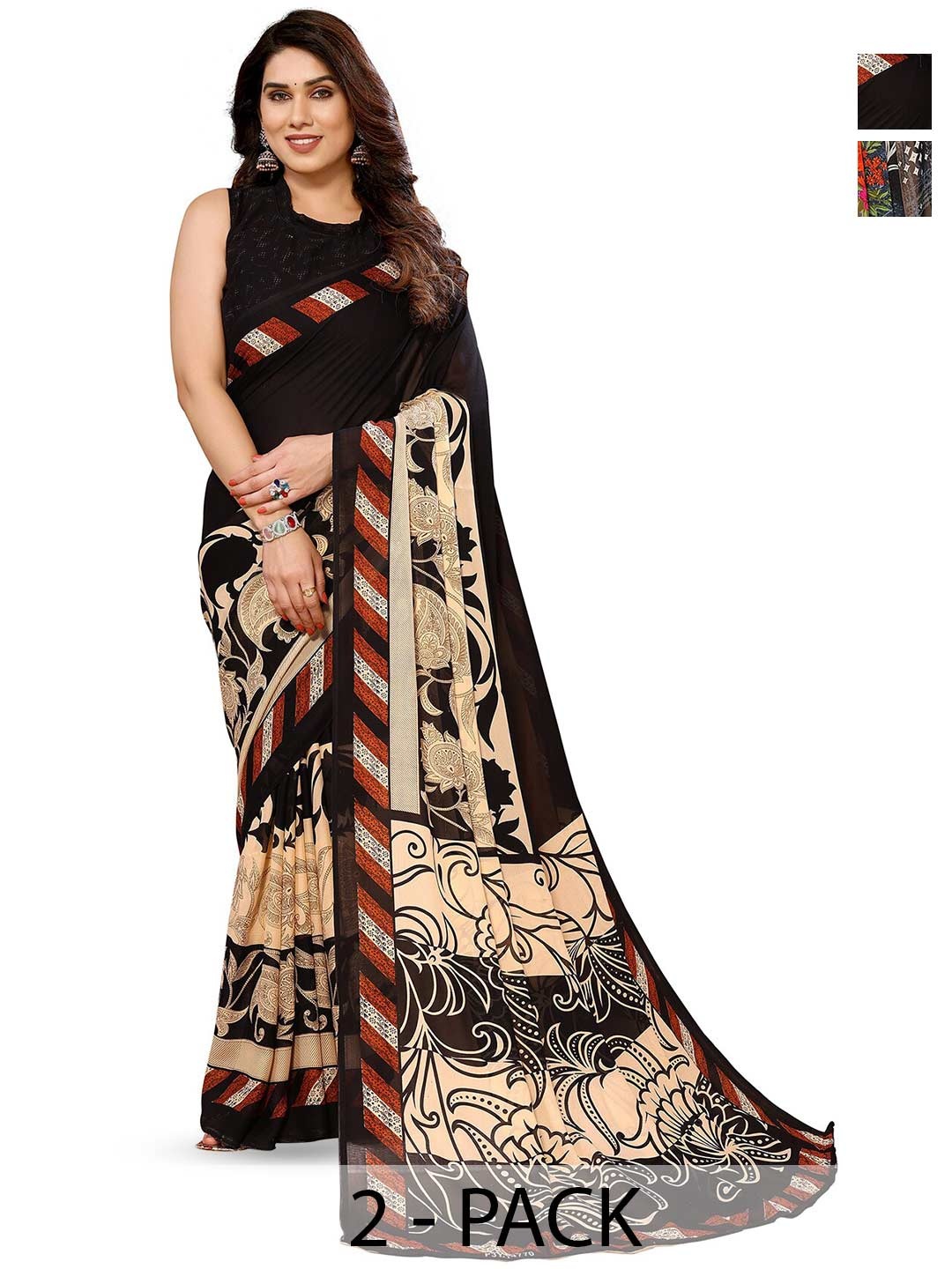 

ANAND SAREES Selection of 2 Floral Printed Saree, Black