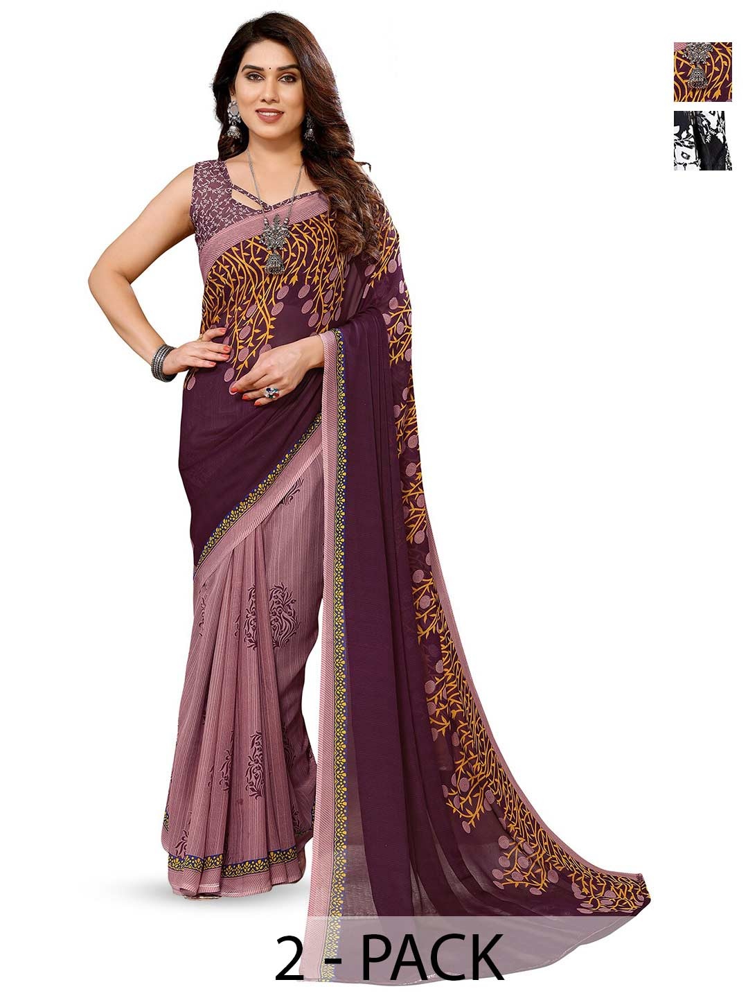 

ANAND SAREES Selection Of 2 Floral Printed Sarees, Black