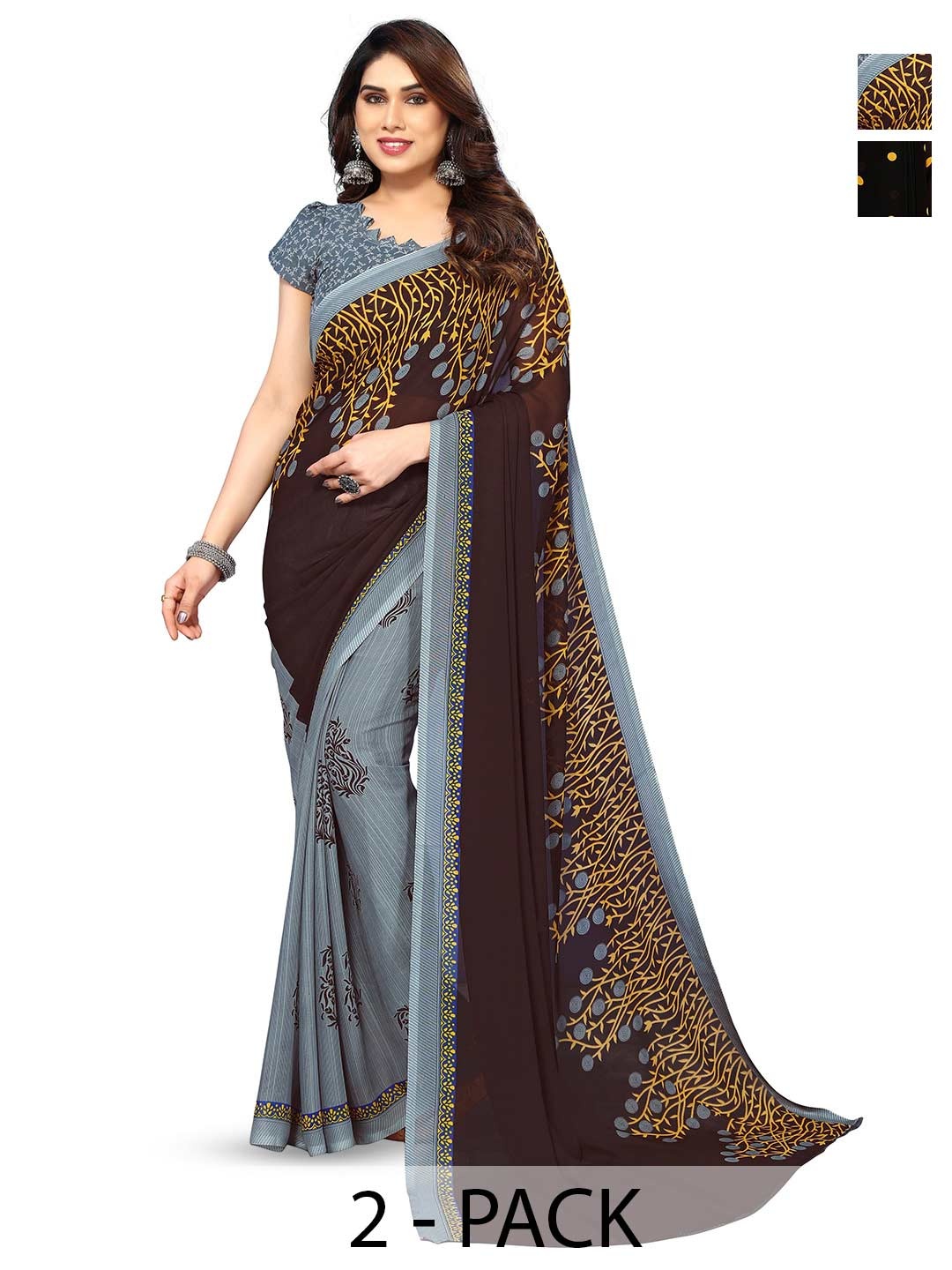 

ANAND SAREES Selection Of 2 Floral Printed Sarees, Grey