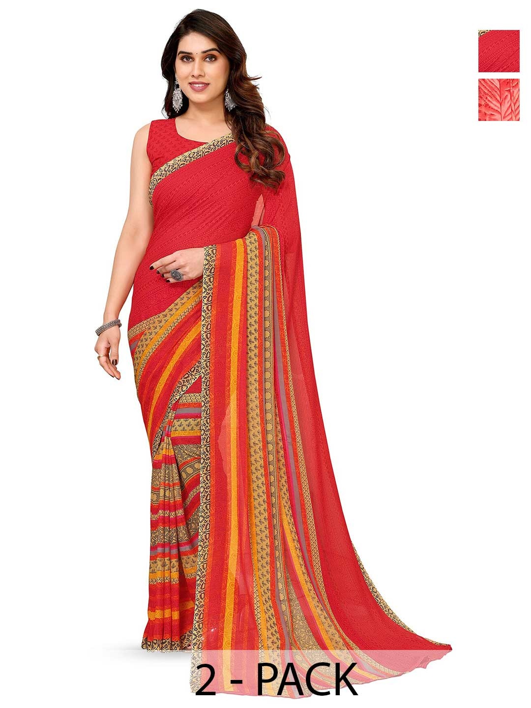 

ANAND SAREES Selection Of 2 Floral Printed Sarees, Red